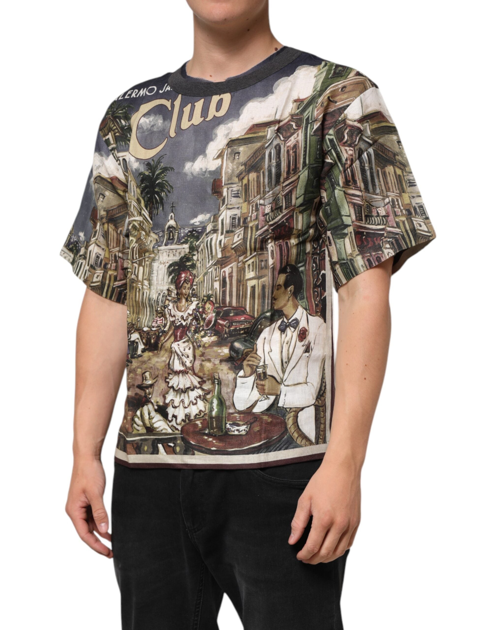 Dolce & Gabbana Palermo Jazz Club Leinen-T-Shirt mit Rundhalsausschnitt für Männer