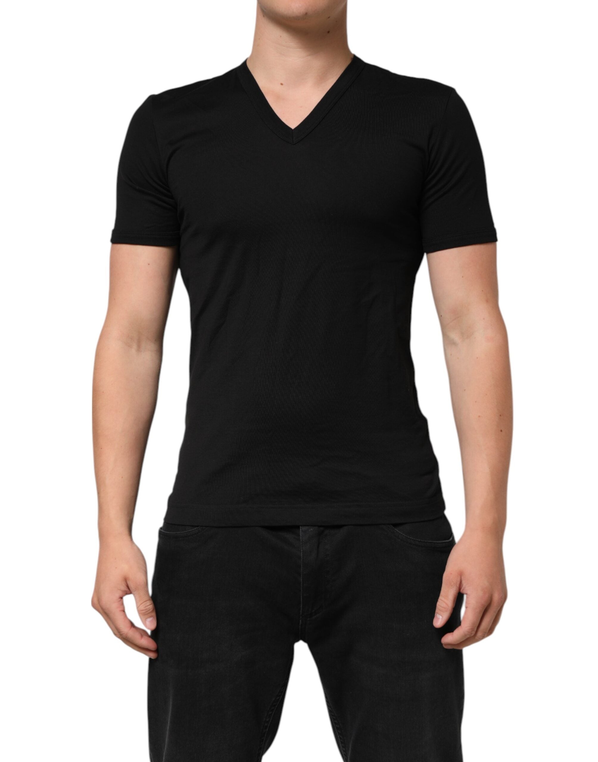 Dolce & Gabbana Schwarzes einfarbiges Baumwoll-T-Shirt mit V-Ausschnitt für Männer