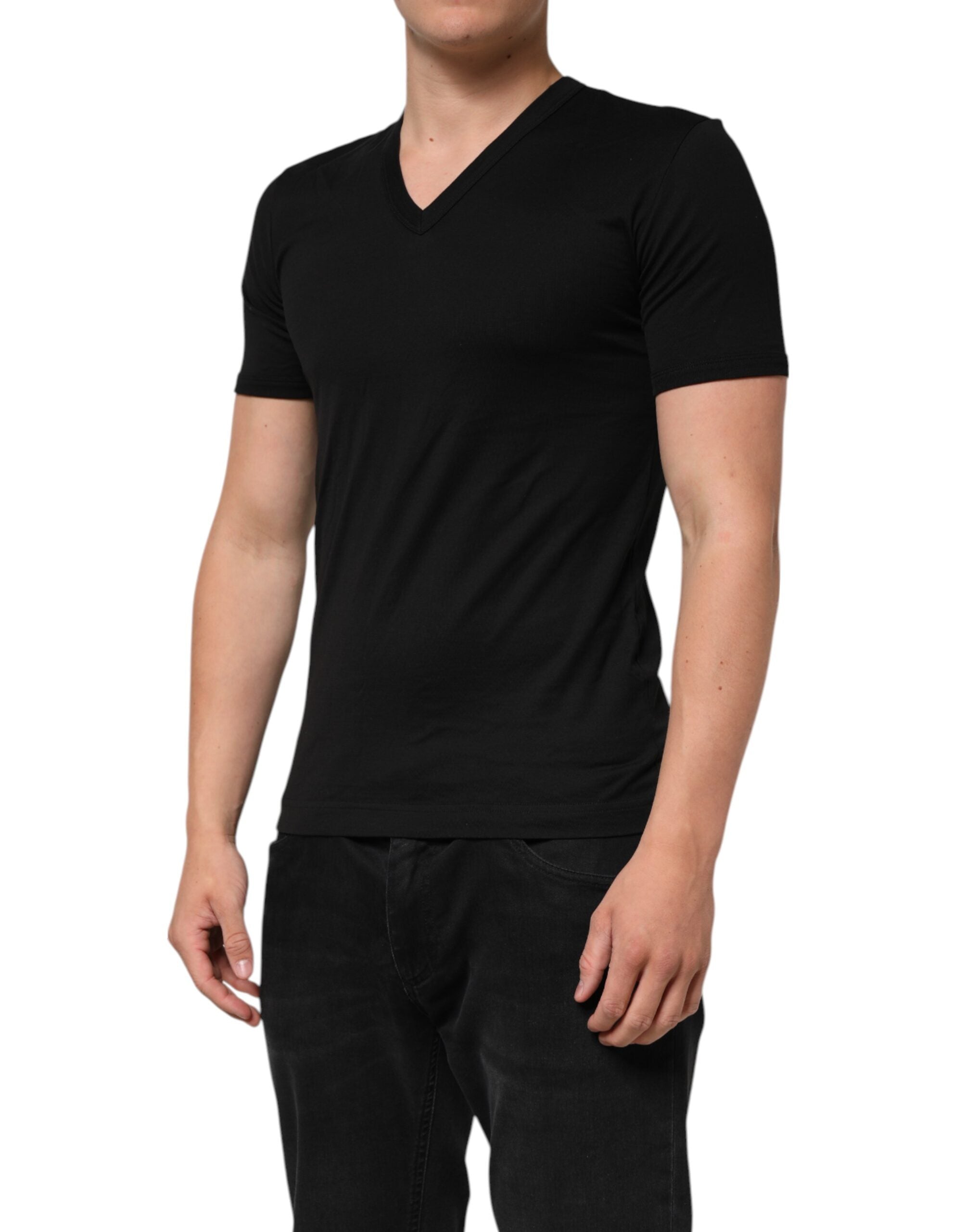 Dolce & Gabbana Schwarzes einfarbiges Baumwoll-T-Shirt mit V-Ausschnitt für Männer