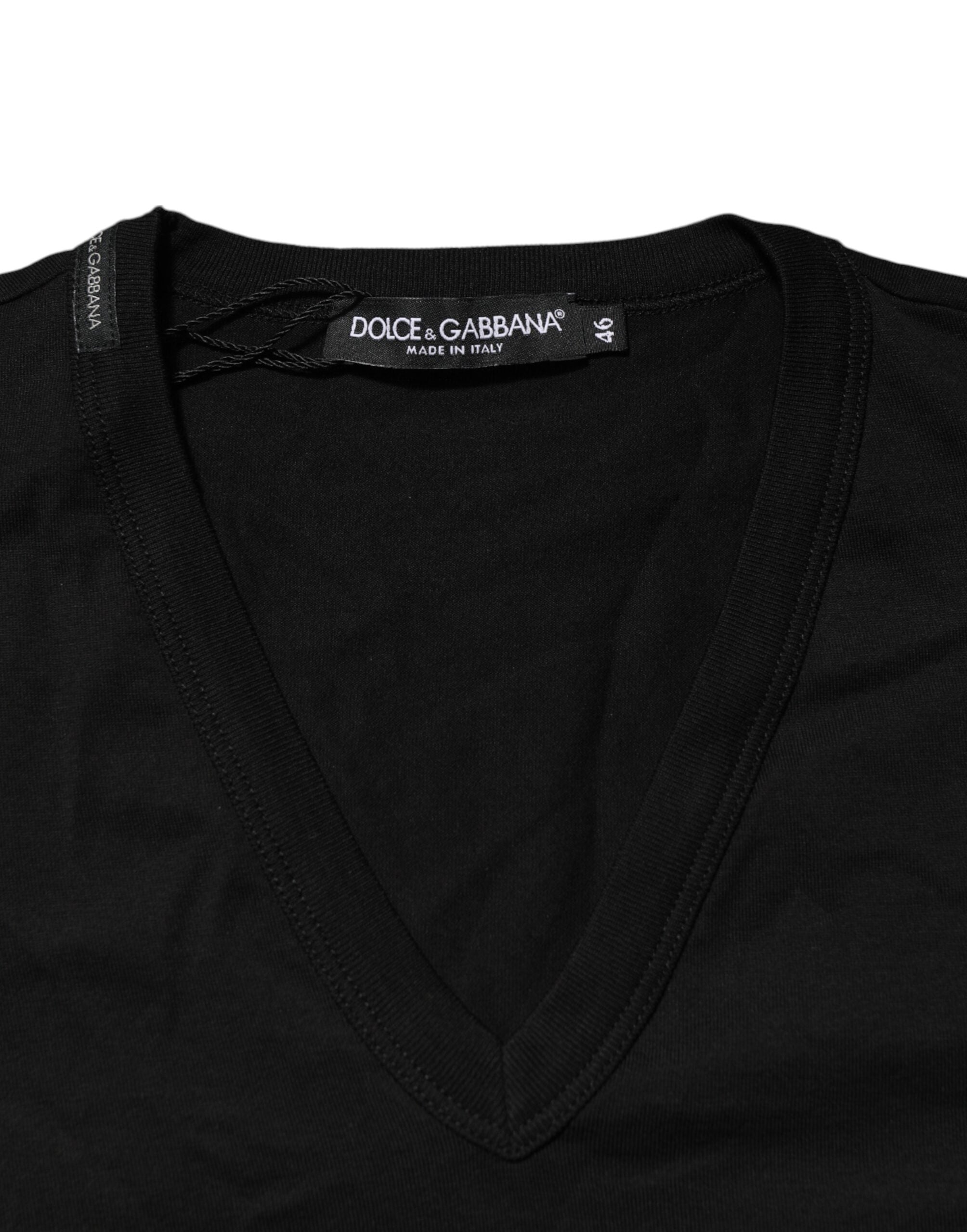 Dolce & Gabbana Schwarzes einfarbiges Baumwoll-T-Shirt mit V-Ausschnitt für Männer
