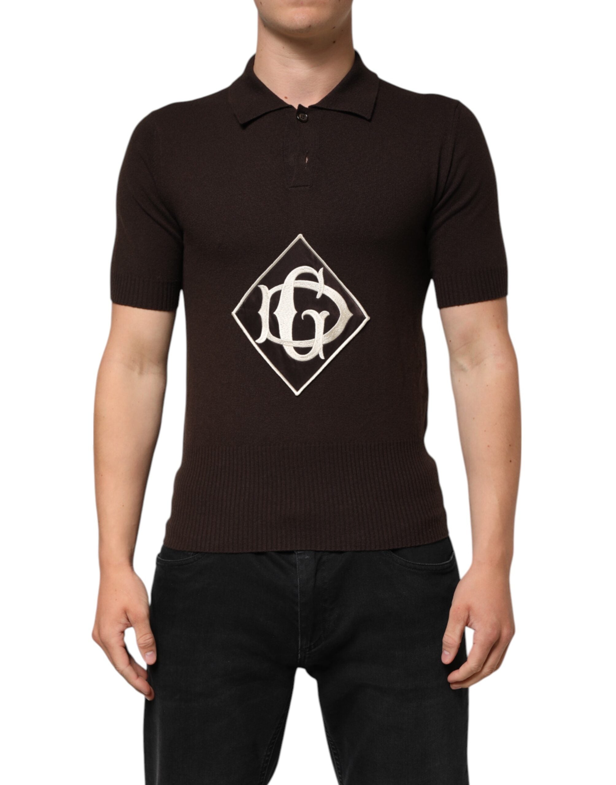 Dolce & Gabbana Braunes Logo besticktes Herren-Polo-T-Shirt aus Wolle