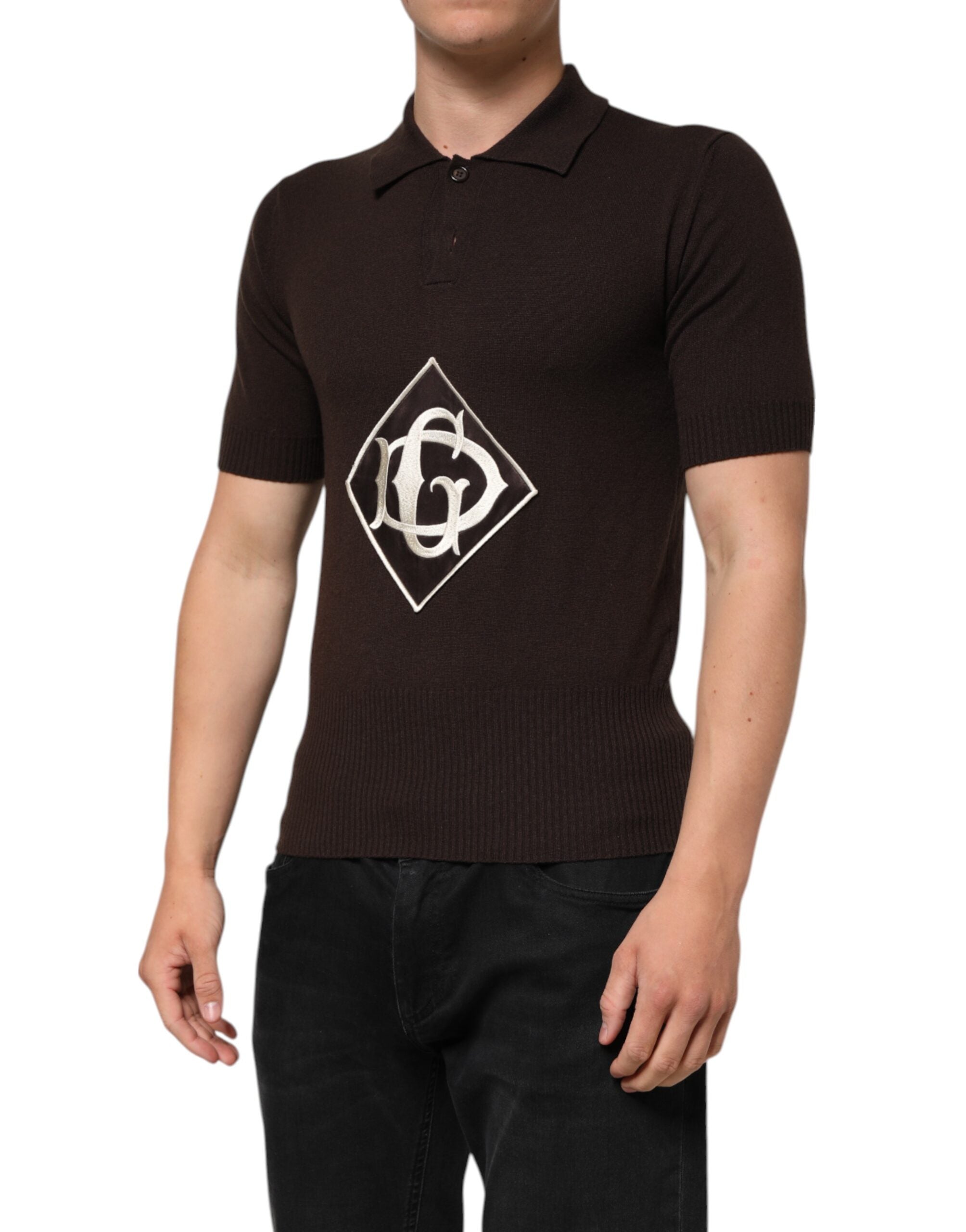 Dolce & Gabbana Braunes Logo besticktes Herren-Polo-T-Shirt aus Wolle