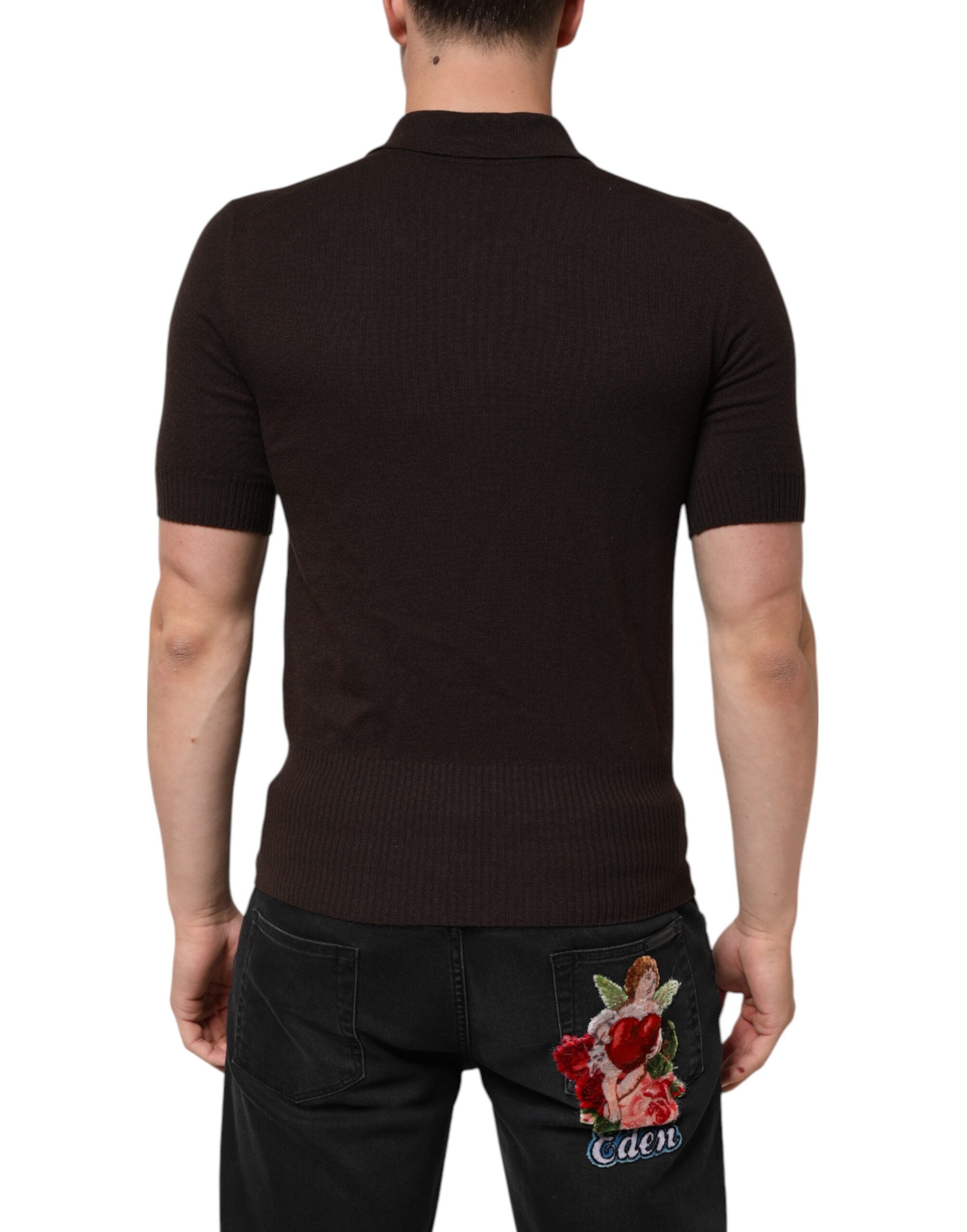 Dolce & Gabbana Braunes Logo besticktes Herren-Polo-T-Shirt aus Wolle