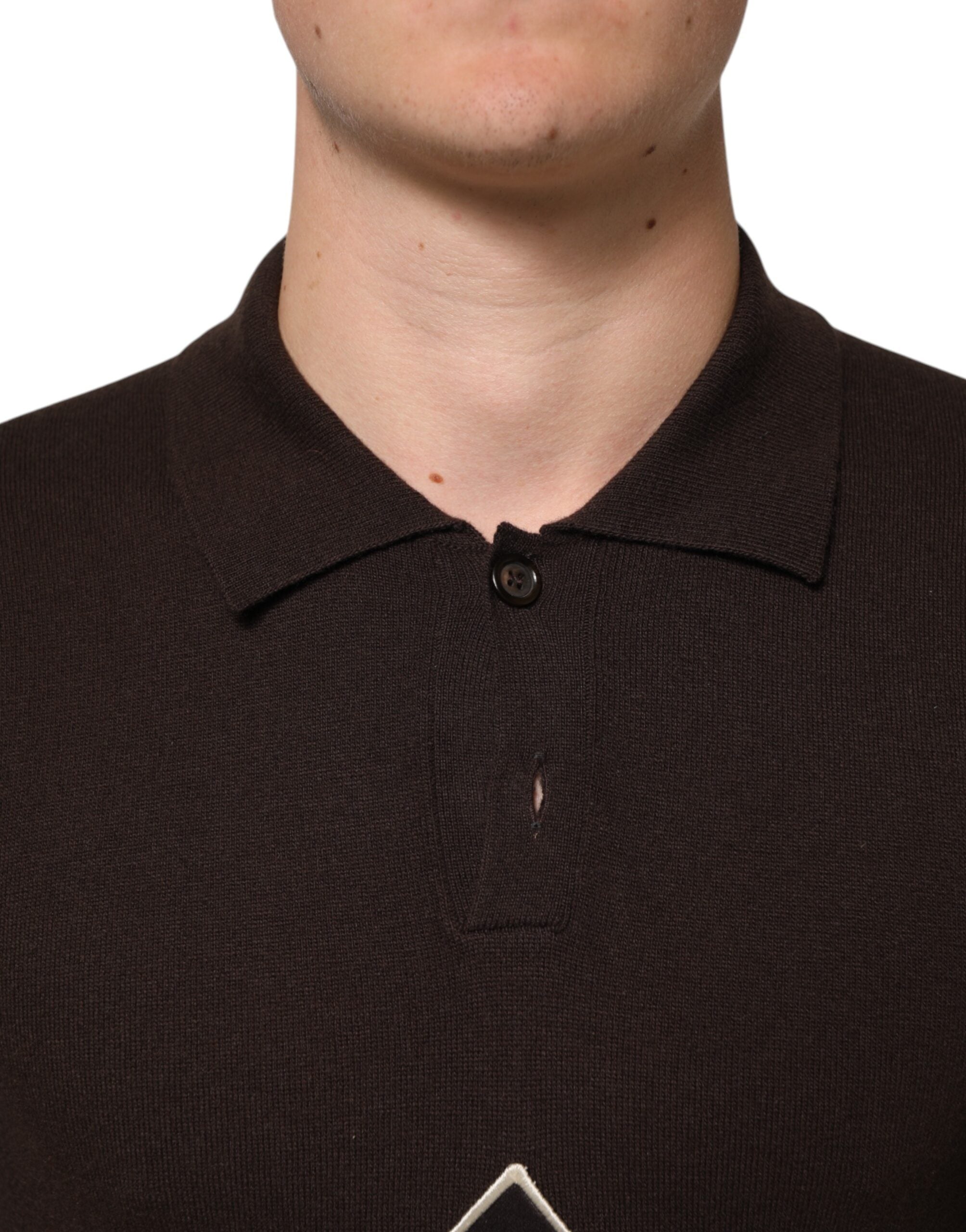 Dolce & Gabbana Braunes Logo besticktes Herren-Polo-T-Shirt aus Wolle
