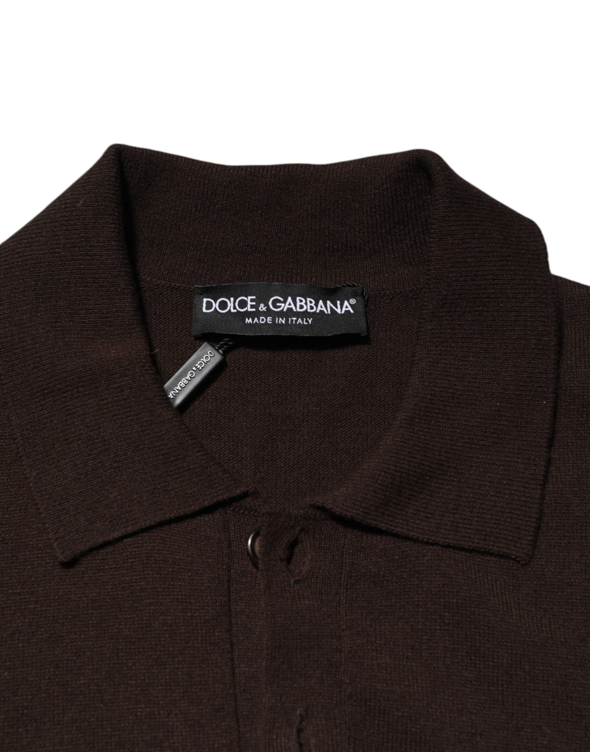 Dolce & Gabbana Braunes Logo besticktes Herren-Polo-T-Shirt aus Wolle