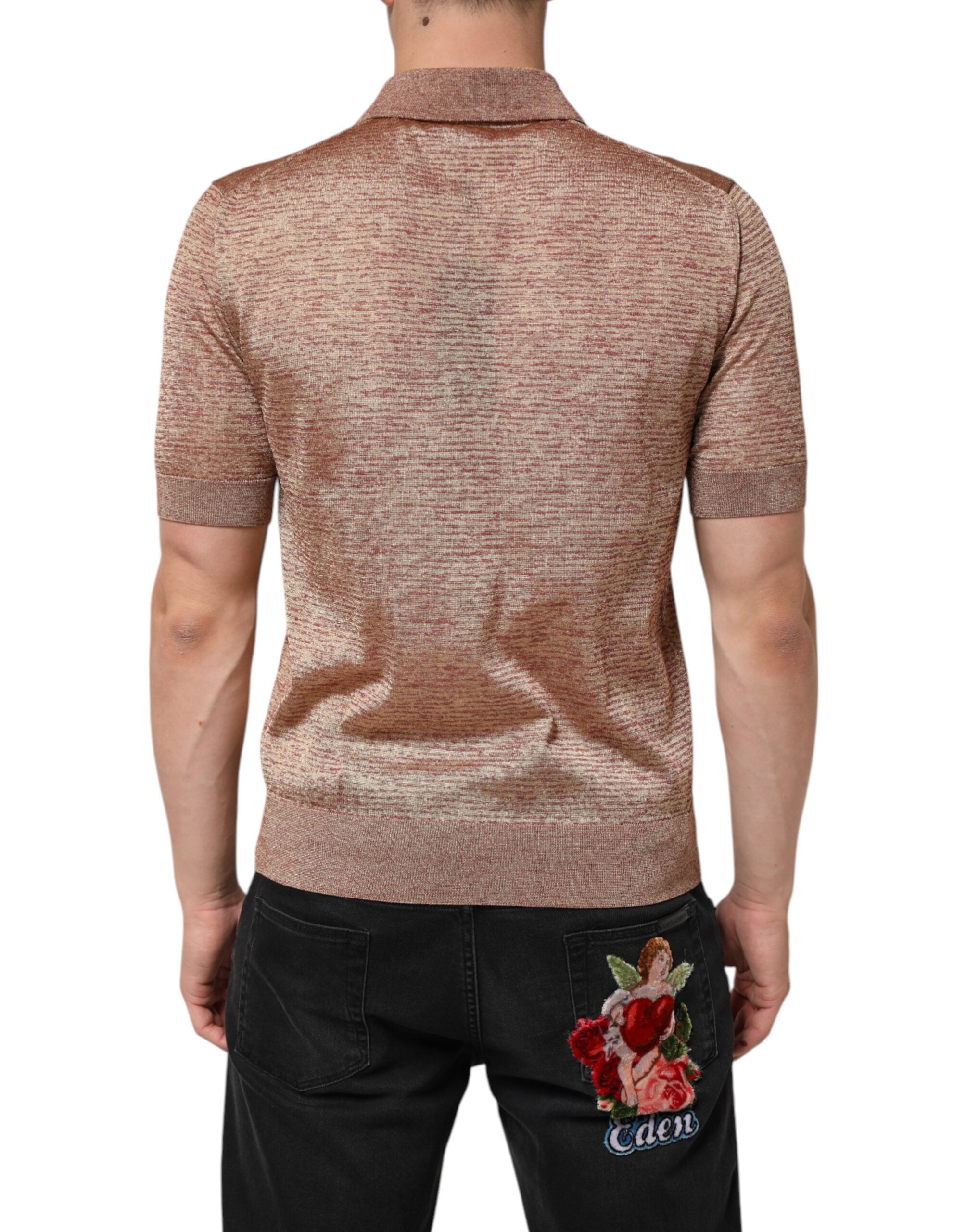Dolce & Gabbana Braunes kurzärmeliges Polo-Shirt aus strukturierter Seide