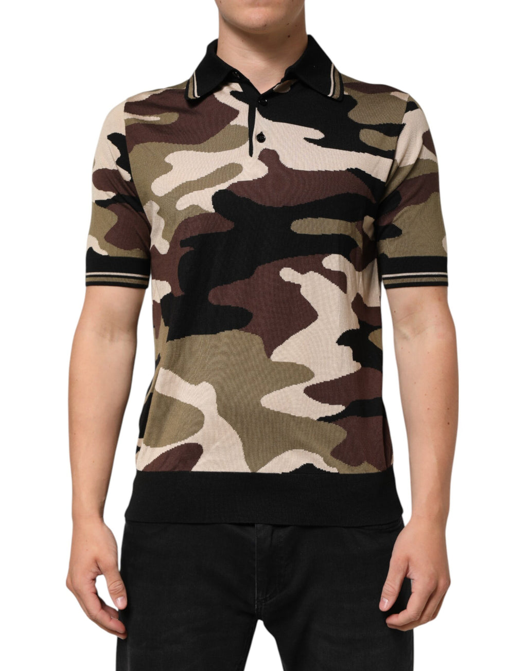 Dolce & Gabbana Tarnfarbenes braunes Seiden-Militär-Polo-T-Shirt