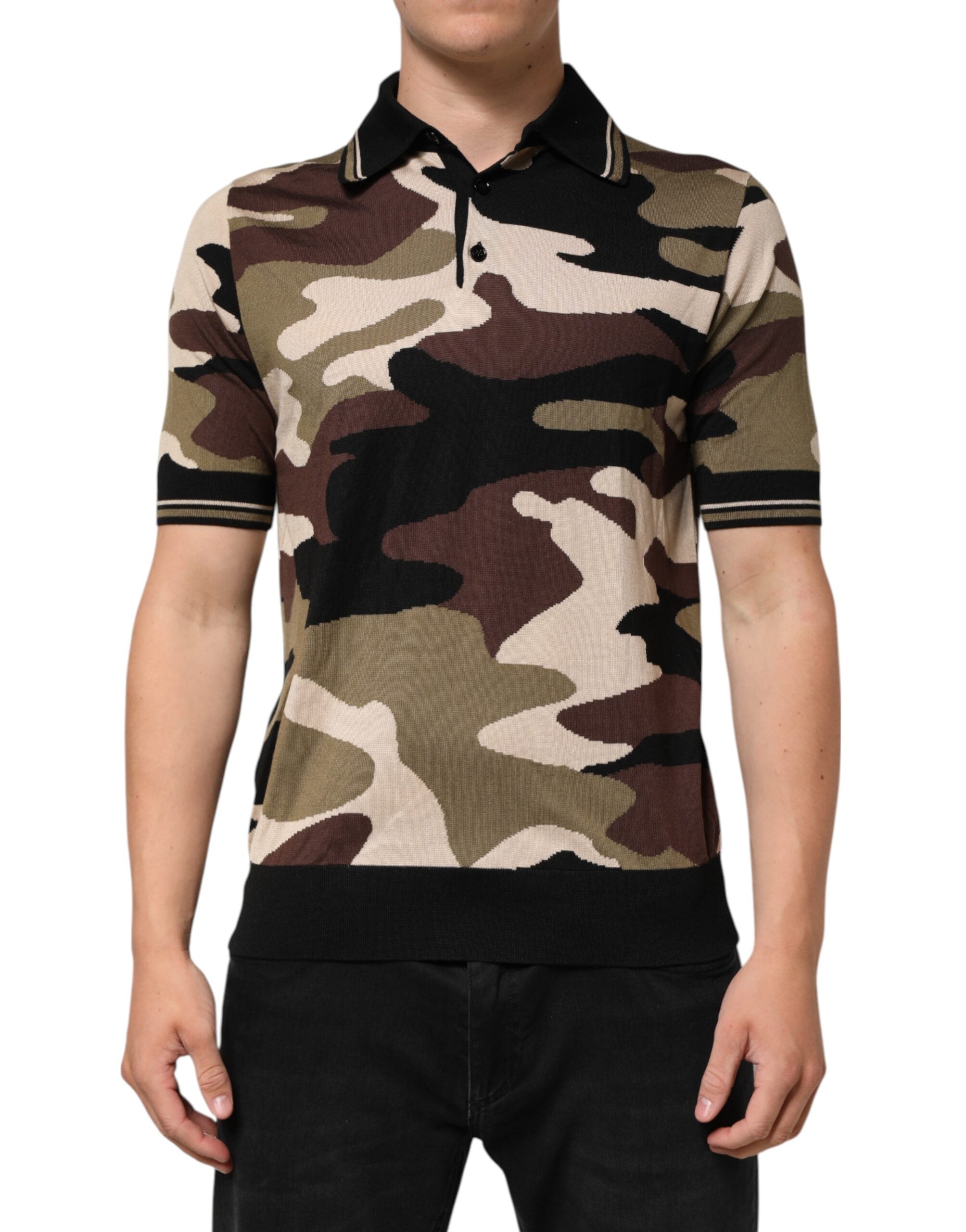 Dolce & Gabbana Tarnfarbenes braunes Seiden-Militär-Polo-T-Shirt