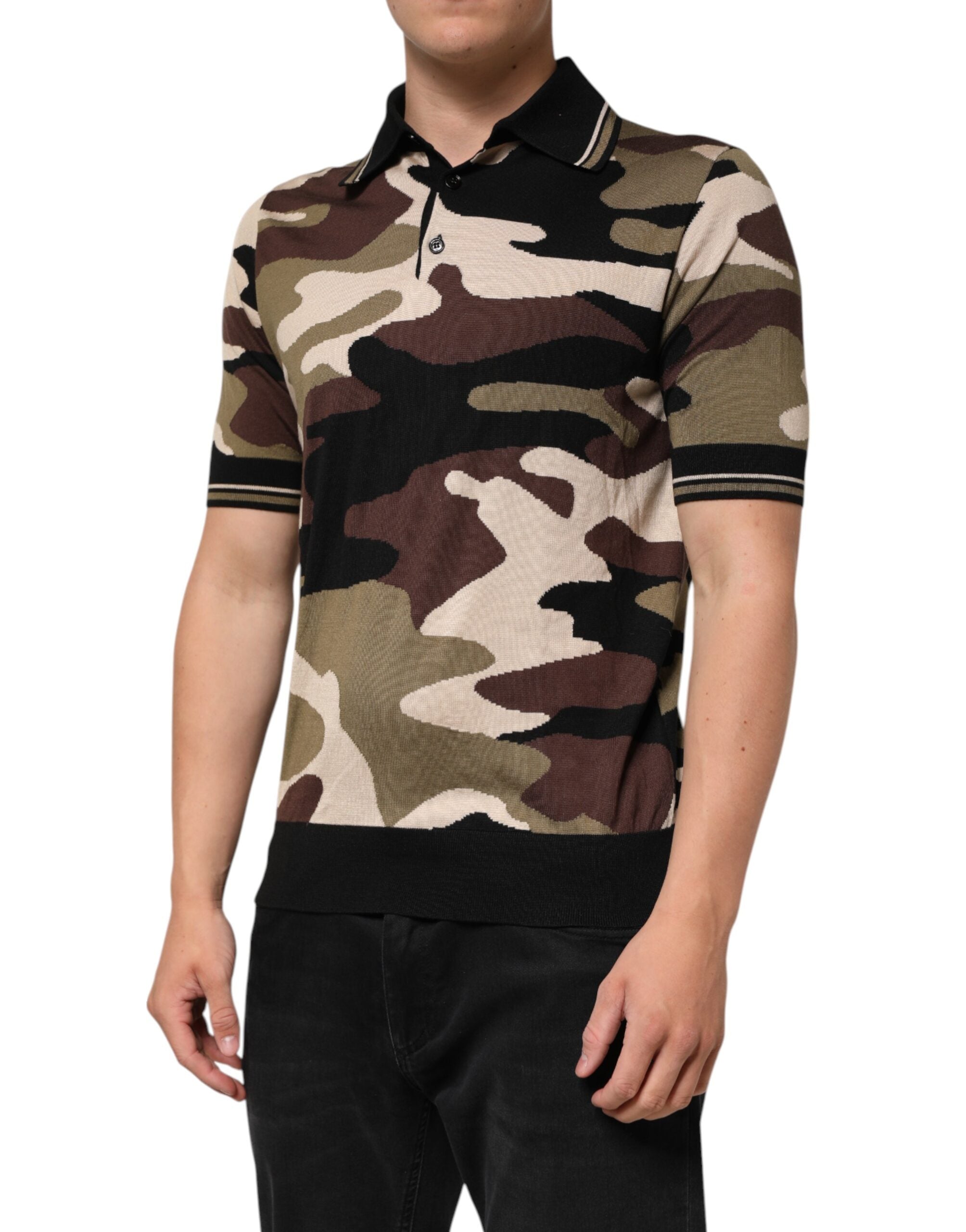 Dolce & Gabbana Tarnfarbenes braunes Seiden-Militär-Polo-T-Shirt