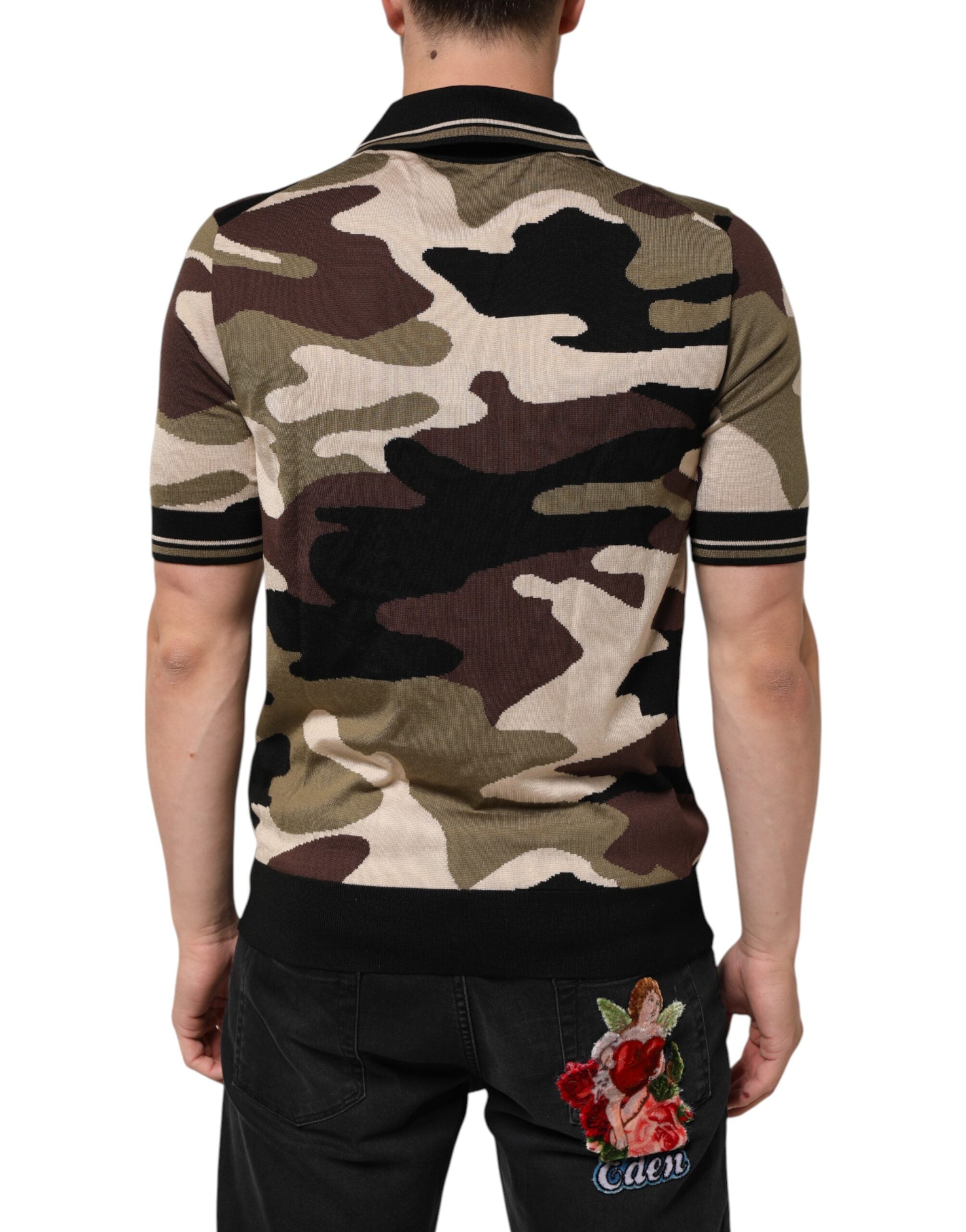 Dolce & Gabbana Tarnfarbenes braunes Seiden-Militär-Polo-T-Shirt