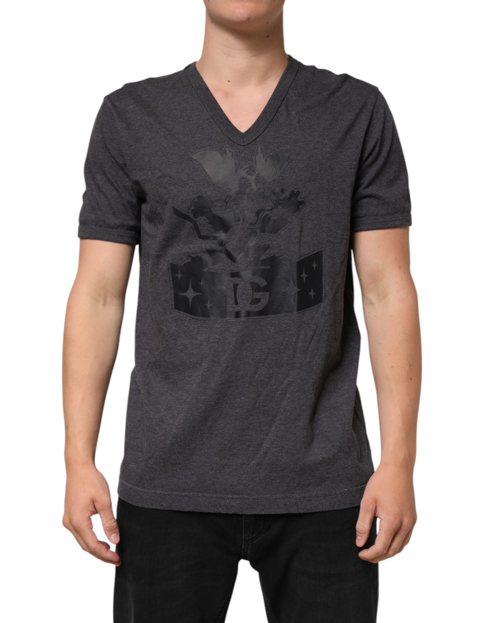 Dolce & Gabbana Schwarzes anthrazitfarbenes DG-Logo V-Ausschnitt Herren-T-Shirt