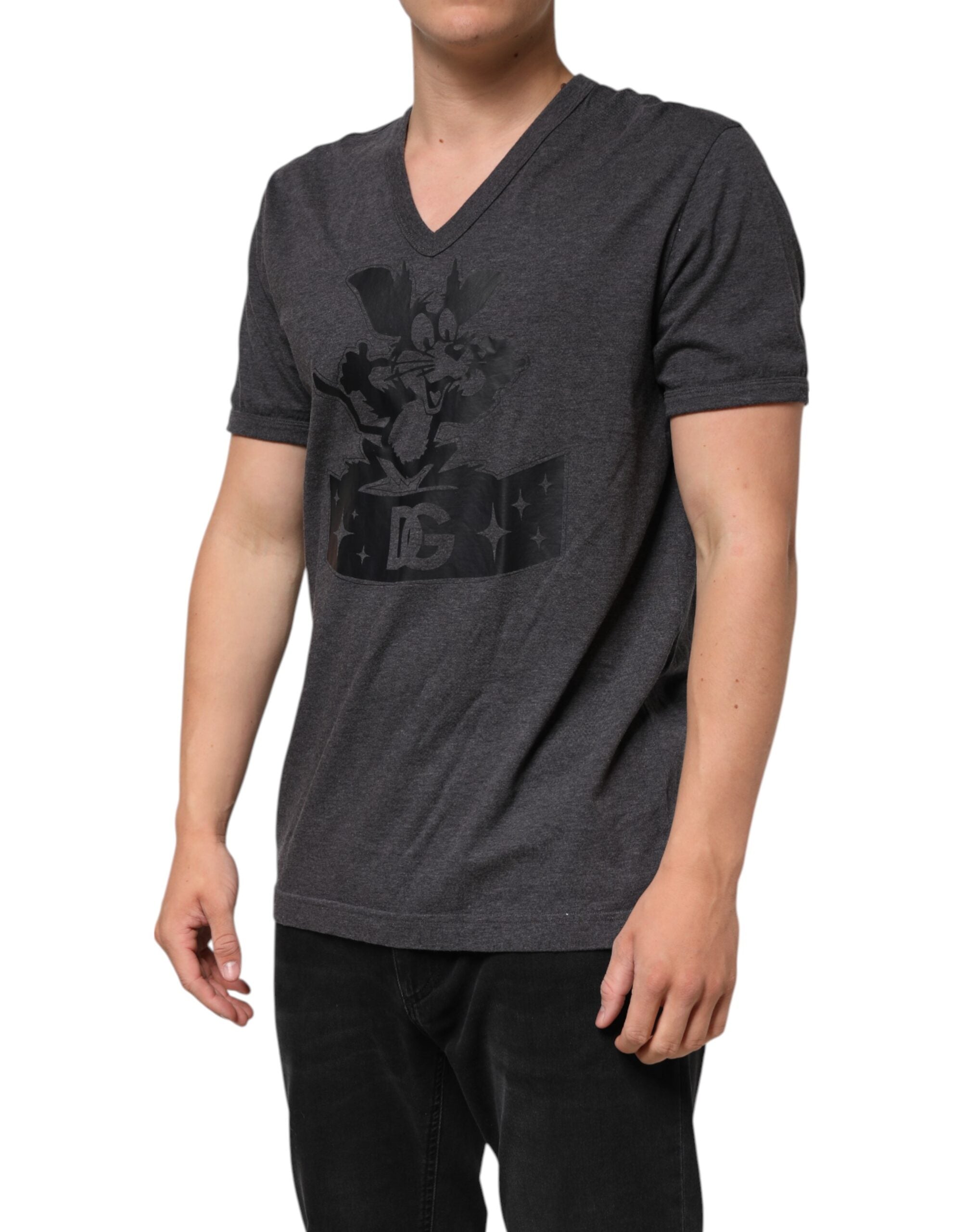 Dolce & Gabbana Schwarzes anthrazitfarbenes DG-Logo V-Ausschnitt Herren-T-Shirt