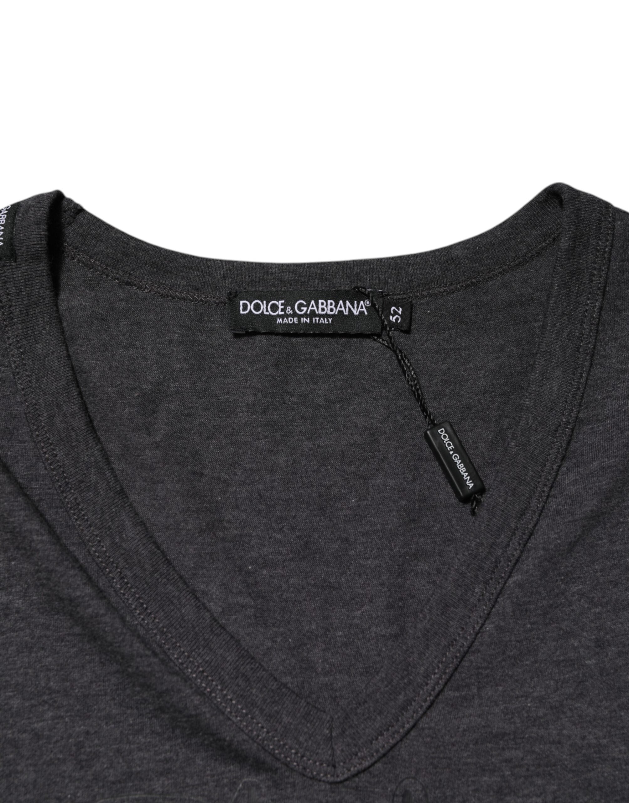Dolce & Gabbana Schwarzes anthrazitfarbenes DG-Logo V-Ausschnitt Herren-T-Shirt