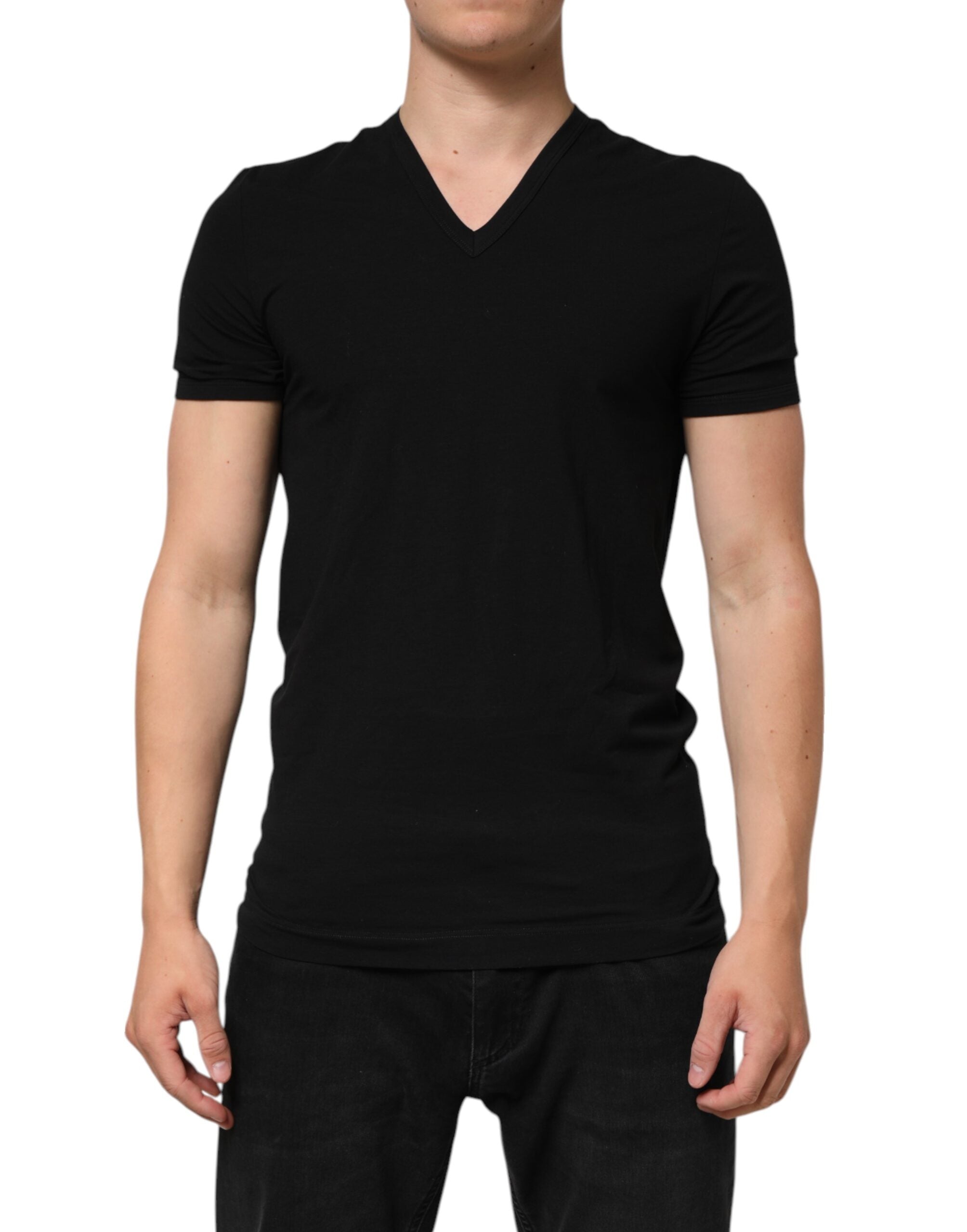 Dolce & Gabbana Schwarzes Baumwoll-T-Shirt mit V-Ausschnitt für Männer