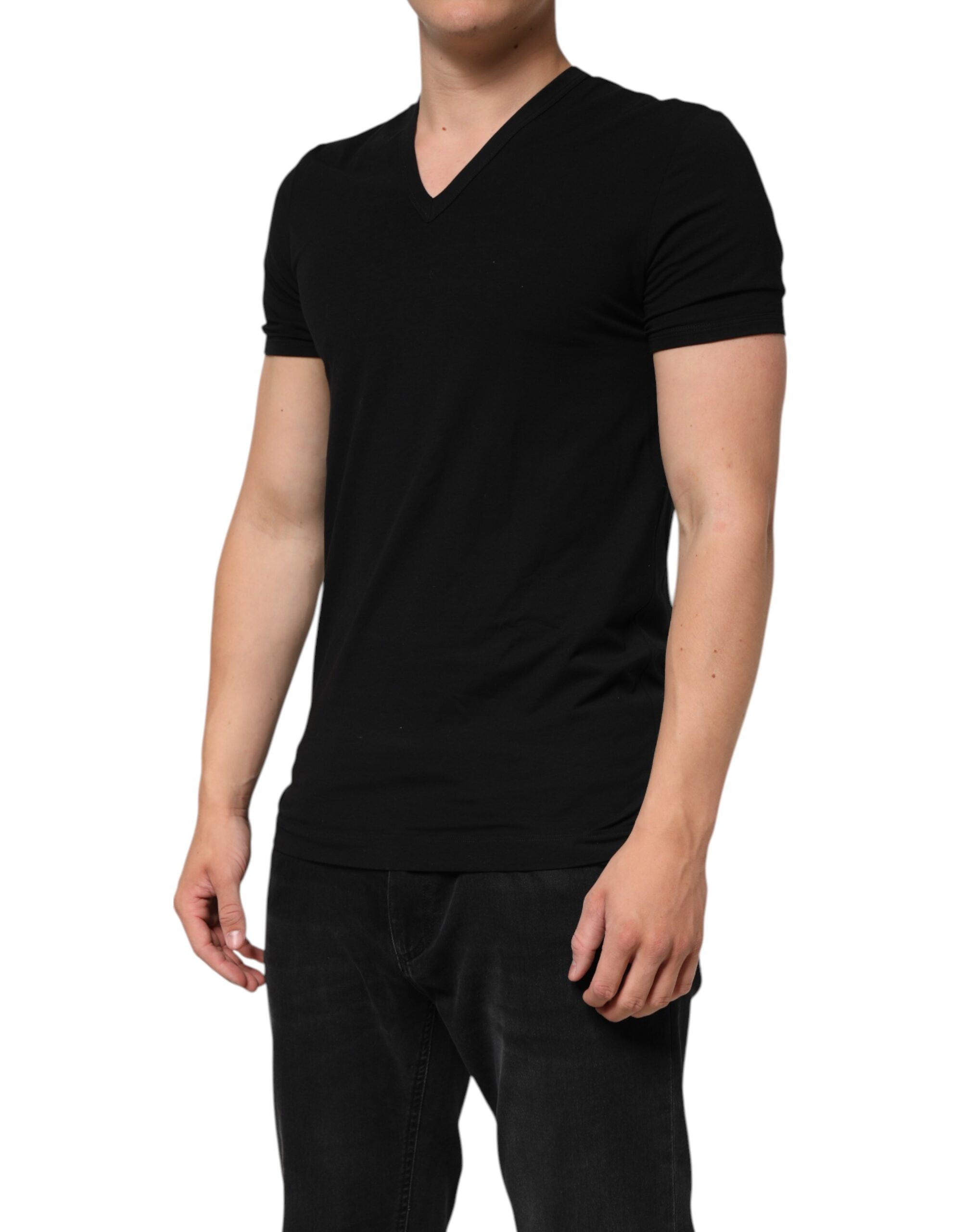 Dolce & Gabbana Schwarzes Baumwoll-T-Shirt mit V-Ausschnitt für Männer