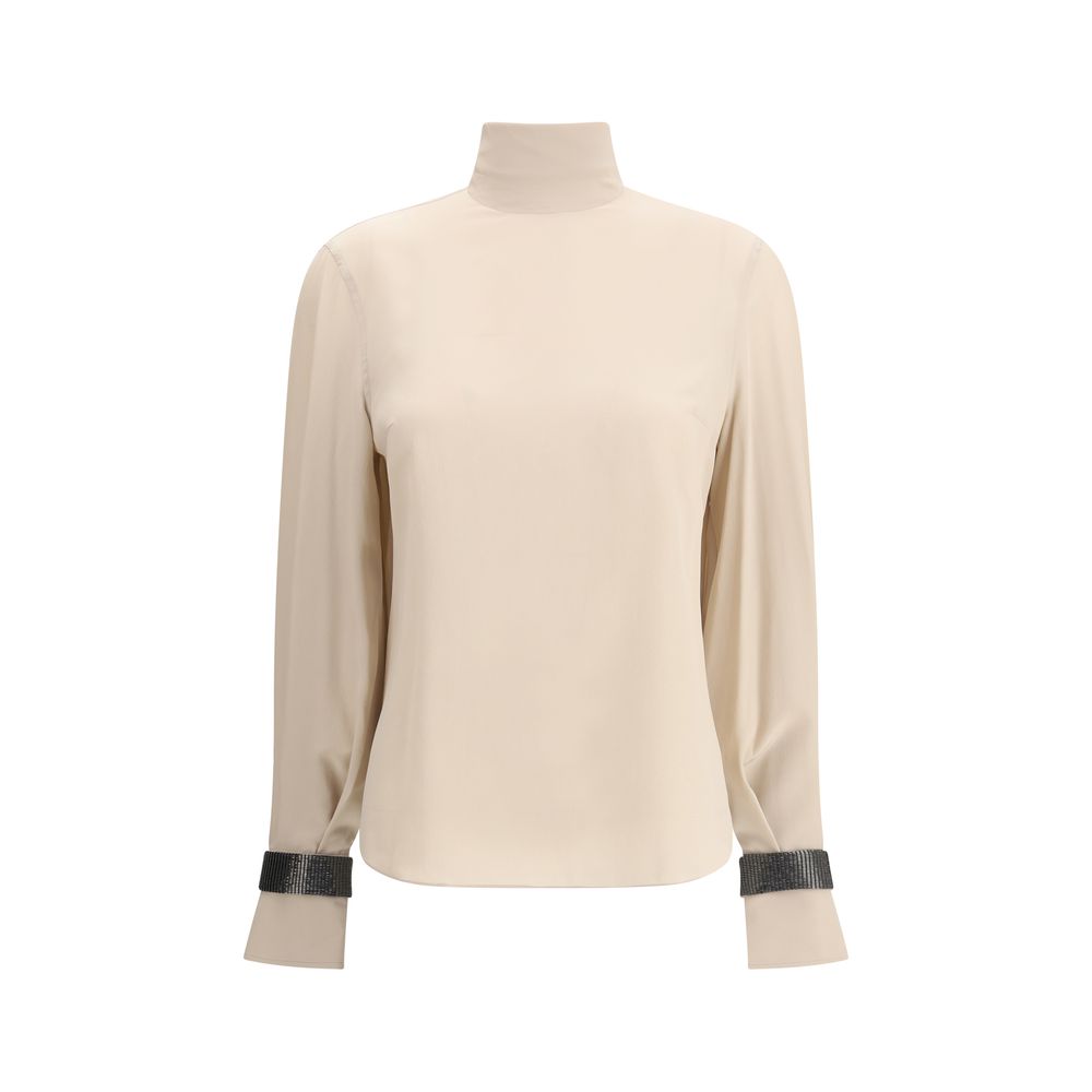 Brunello Cucinelli Seiden-Rollkragenbluse mit kostbaren Armbändern