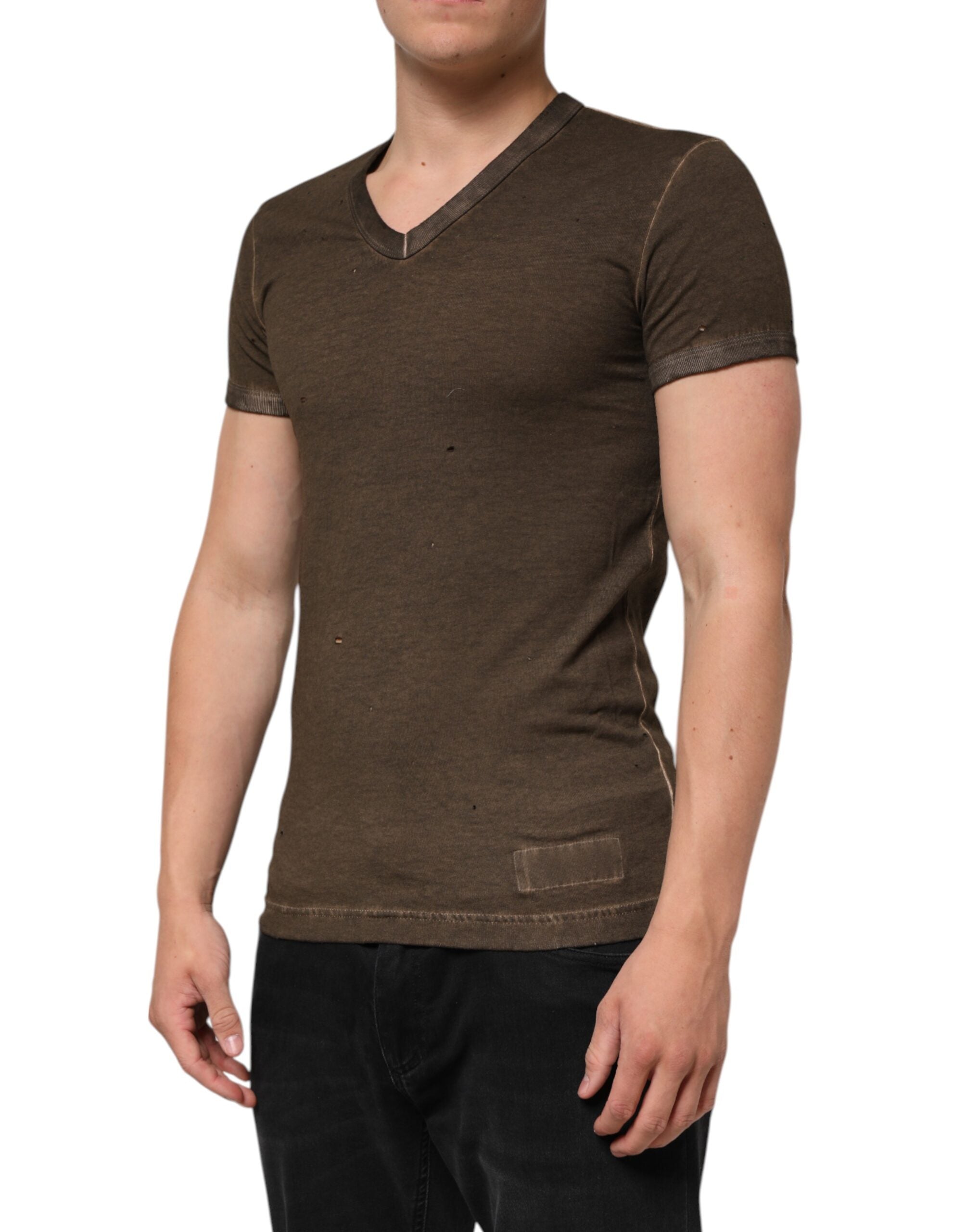 Dolce & Gabbana Dunkelbraunes T-Shirt mit zerfetztem Logo aus Baumwolle für Männer