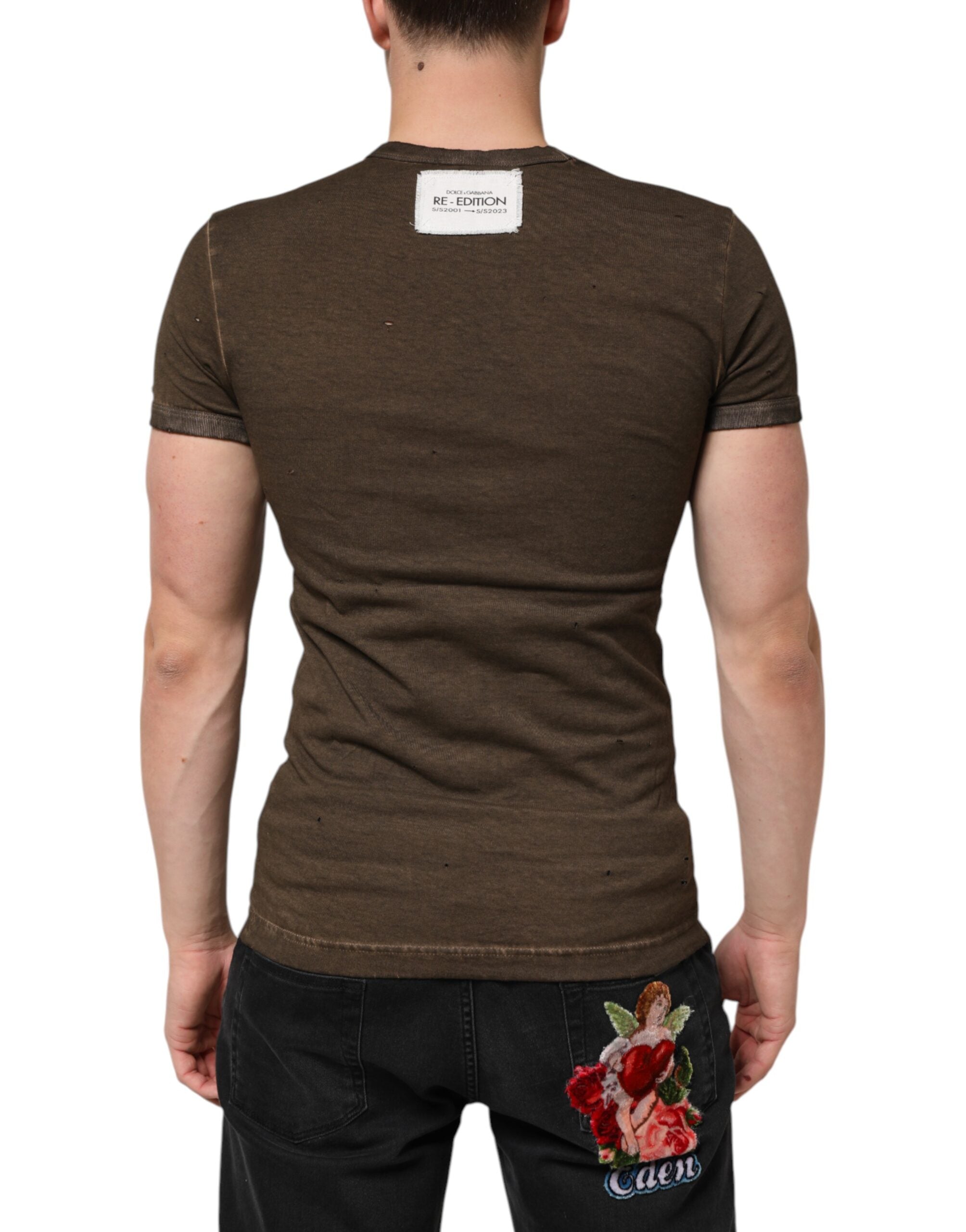 Dolce & Gabbana Dunkelbraunes T-Shirt mit zerfetztem Logo aus Baumwolle für Männer