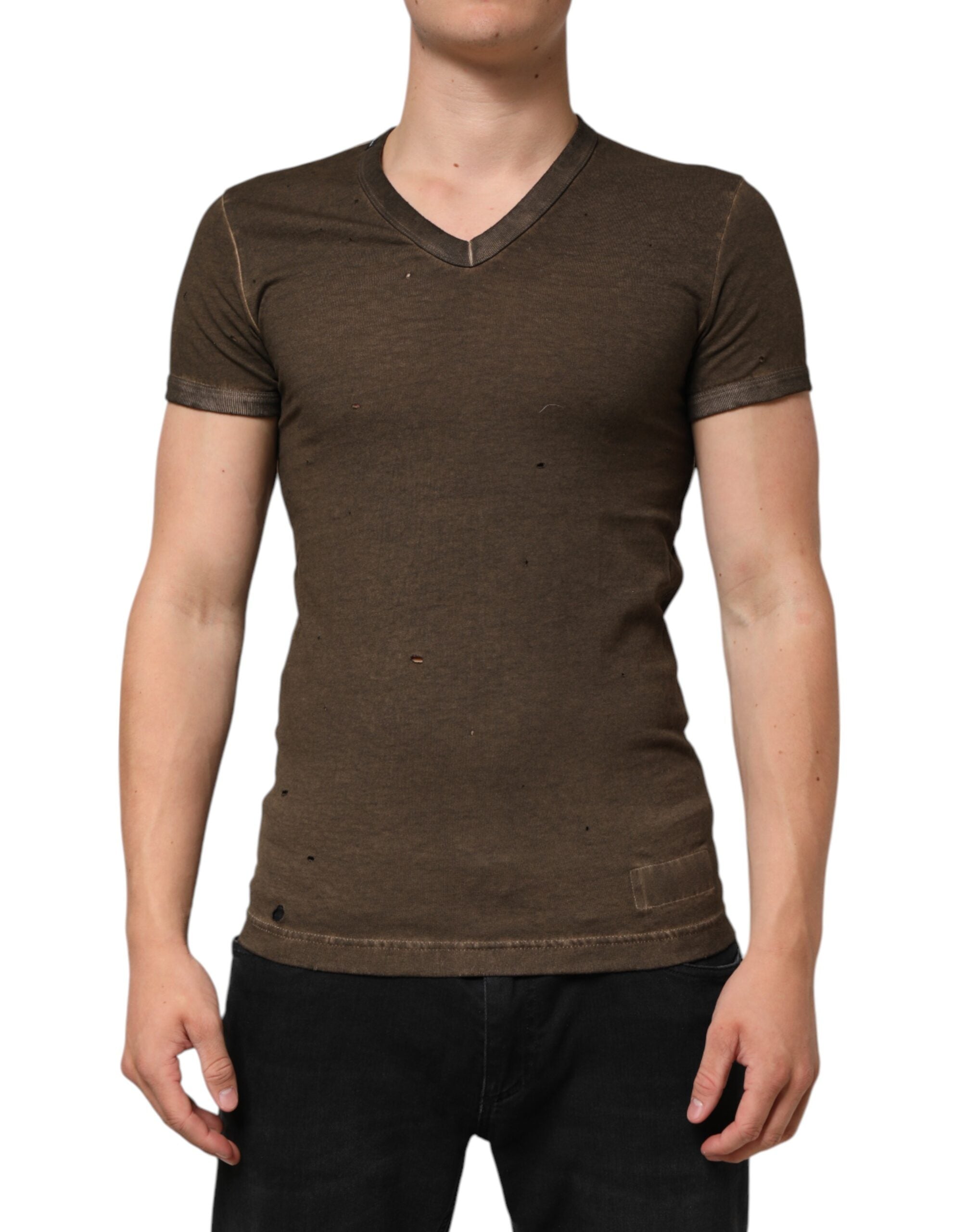 Dolce & Gabbana Dunkelbraunes T-Shirt mit zerfetztem Logo aus Baumwolle für Männer
