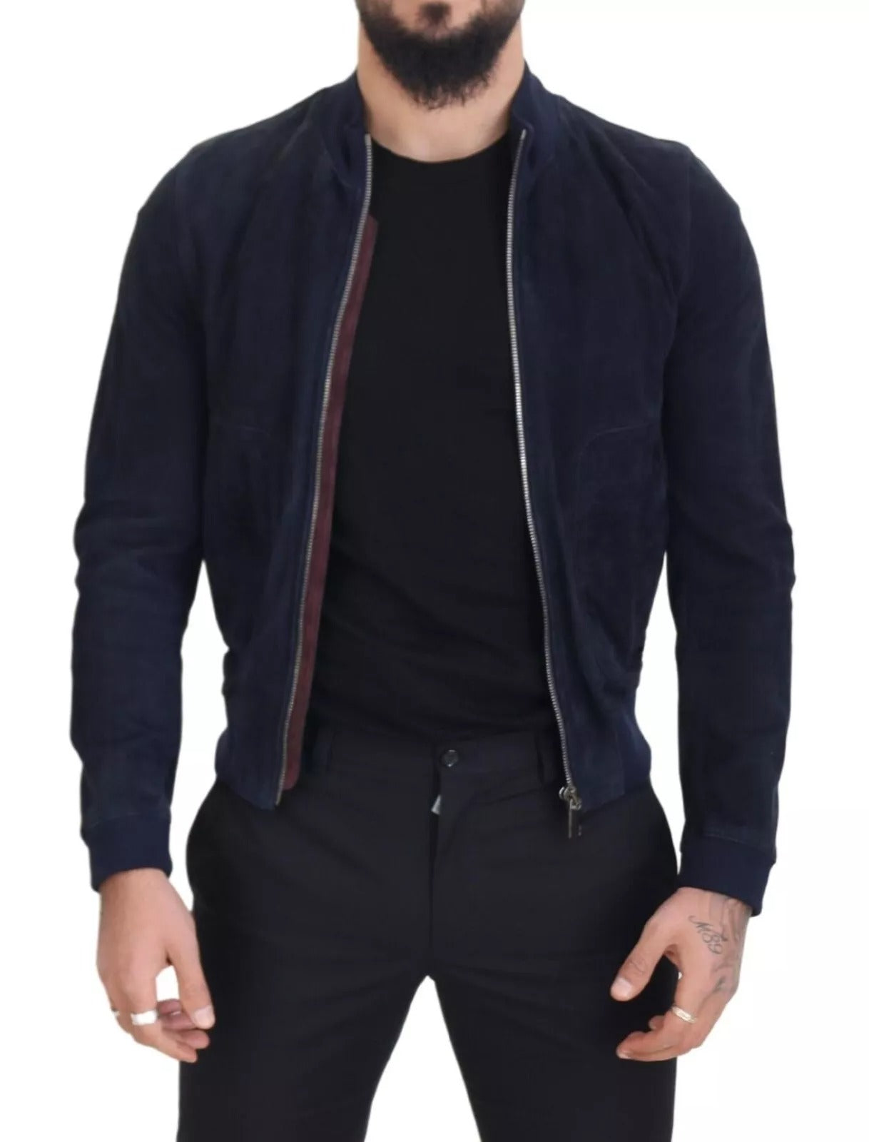 Dolce & Gabbana Dunkelblaue Wildleder-Lammfell-Blouson-Jacke