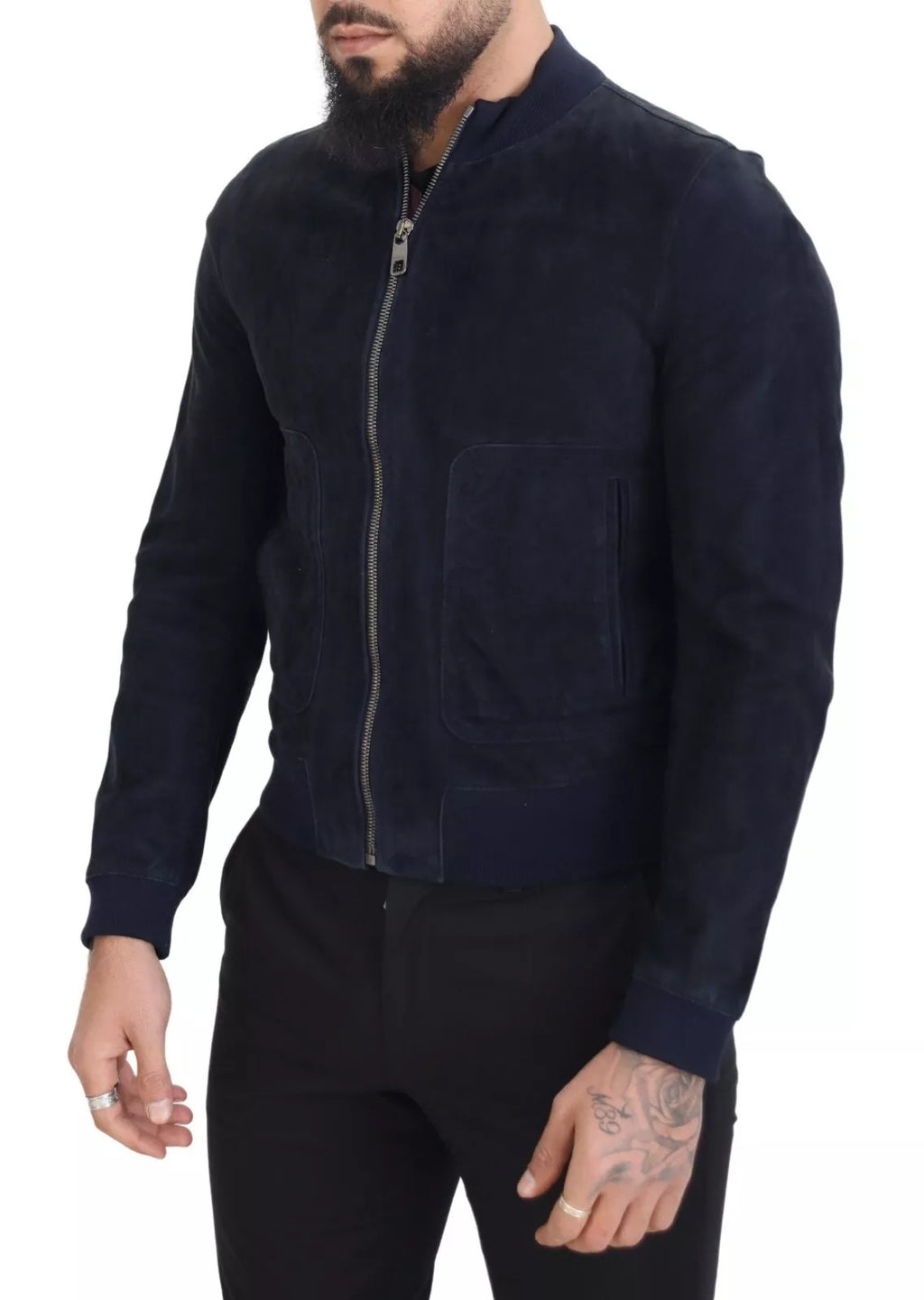 Dolce & Gabbana Dunkelblaue Wildleder-Lammfell-Blouson-Jacke