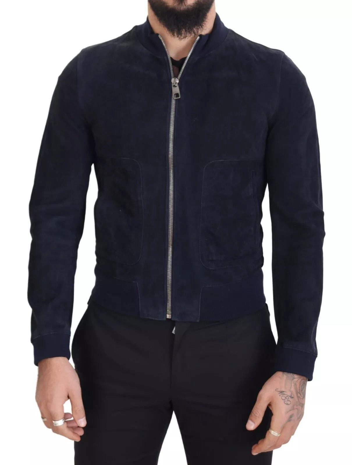 Dolce & Gabbana Dunkelblaue Wildleder-Lammfell-Blouson-Jacke
