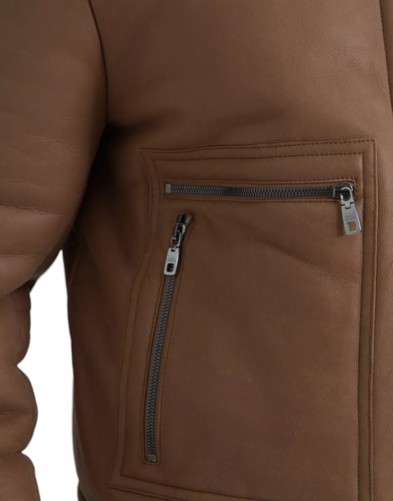 Dolce & Gabbana Brauner Leder Pelz Knopf Biker Mantel Jacke