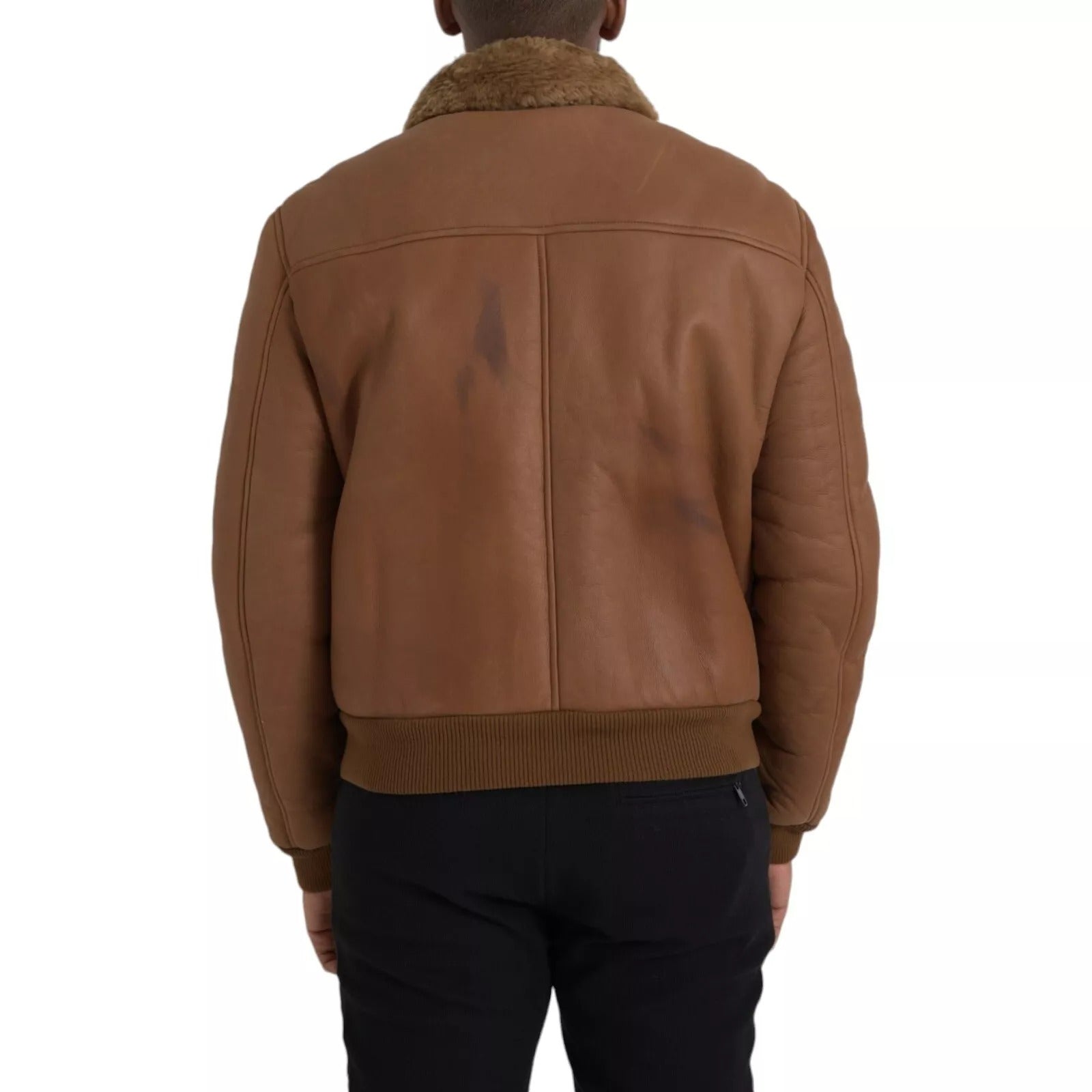 Dolce & Gabbana Brauner Leder Pelz Knopf Biker Mantel Jacke