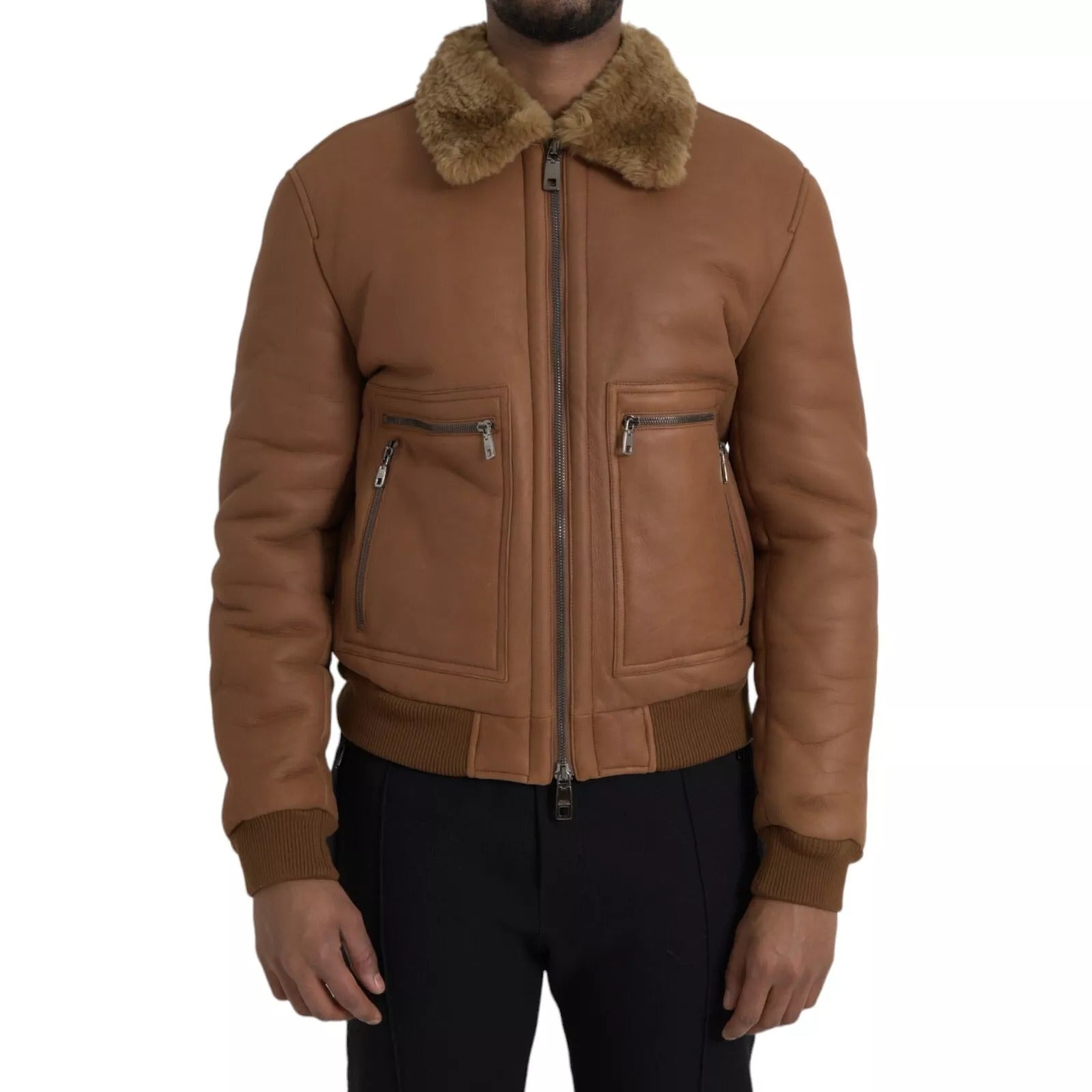 Dolce & Gabbana Brauner Leder Pelz Knopf Biker Mantel Jacke