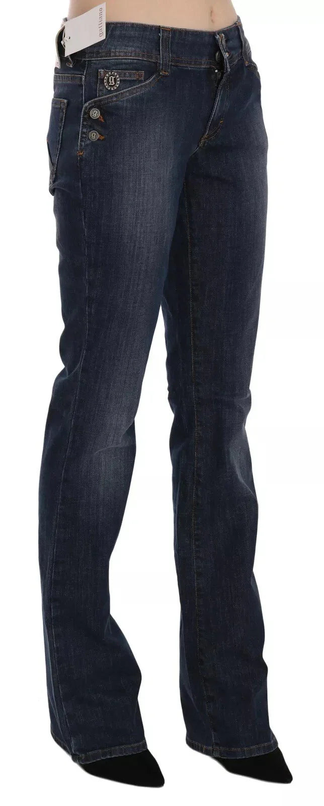 John Galliano Blau Gewaschene Mid Waist Ausgestellte Denim Freizeithosen Jeans