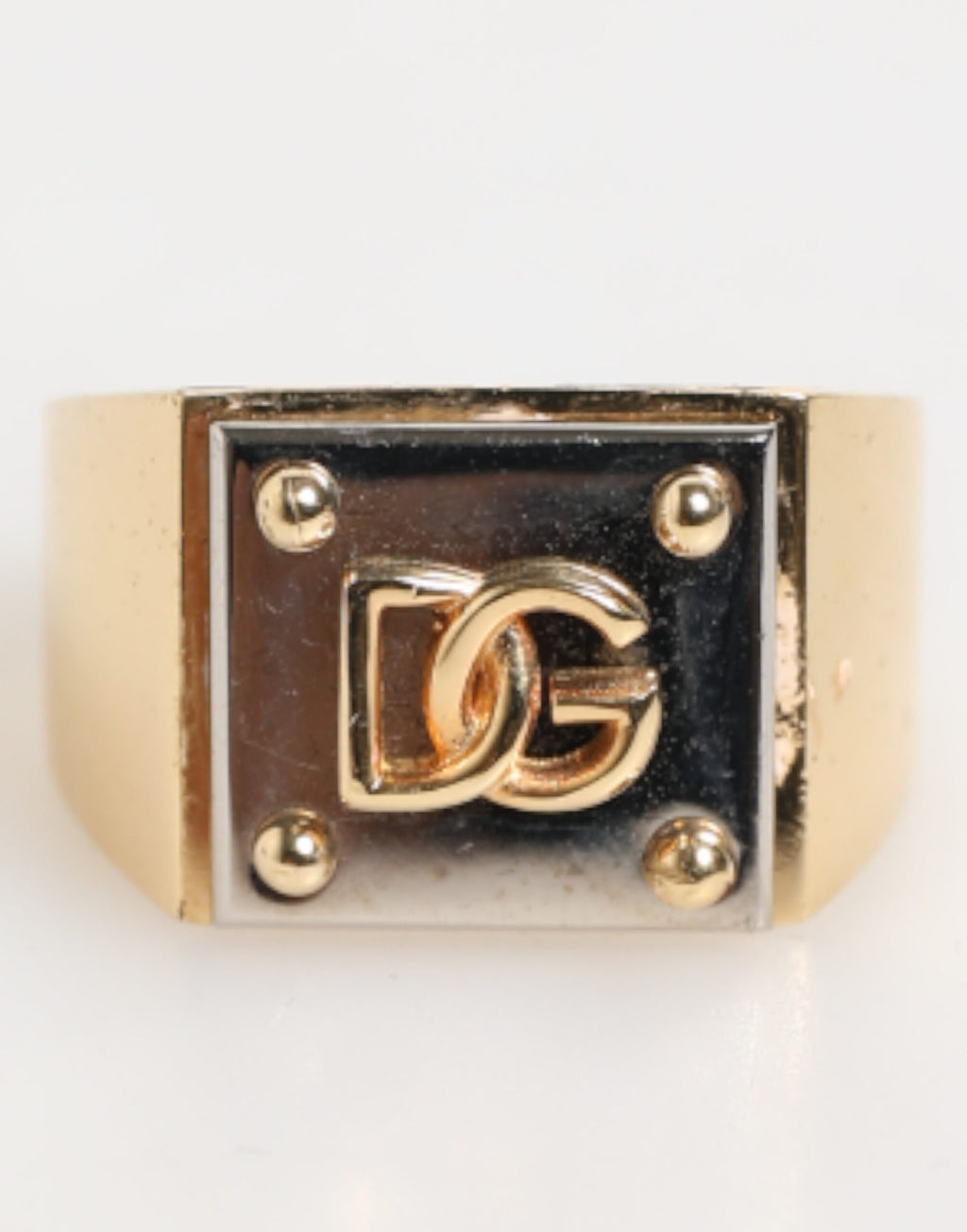 Dolce & Gabbana Gold-Ton Messing Signet Quadrat DG Logo Plaque Männer Ring