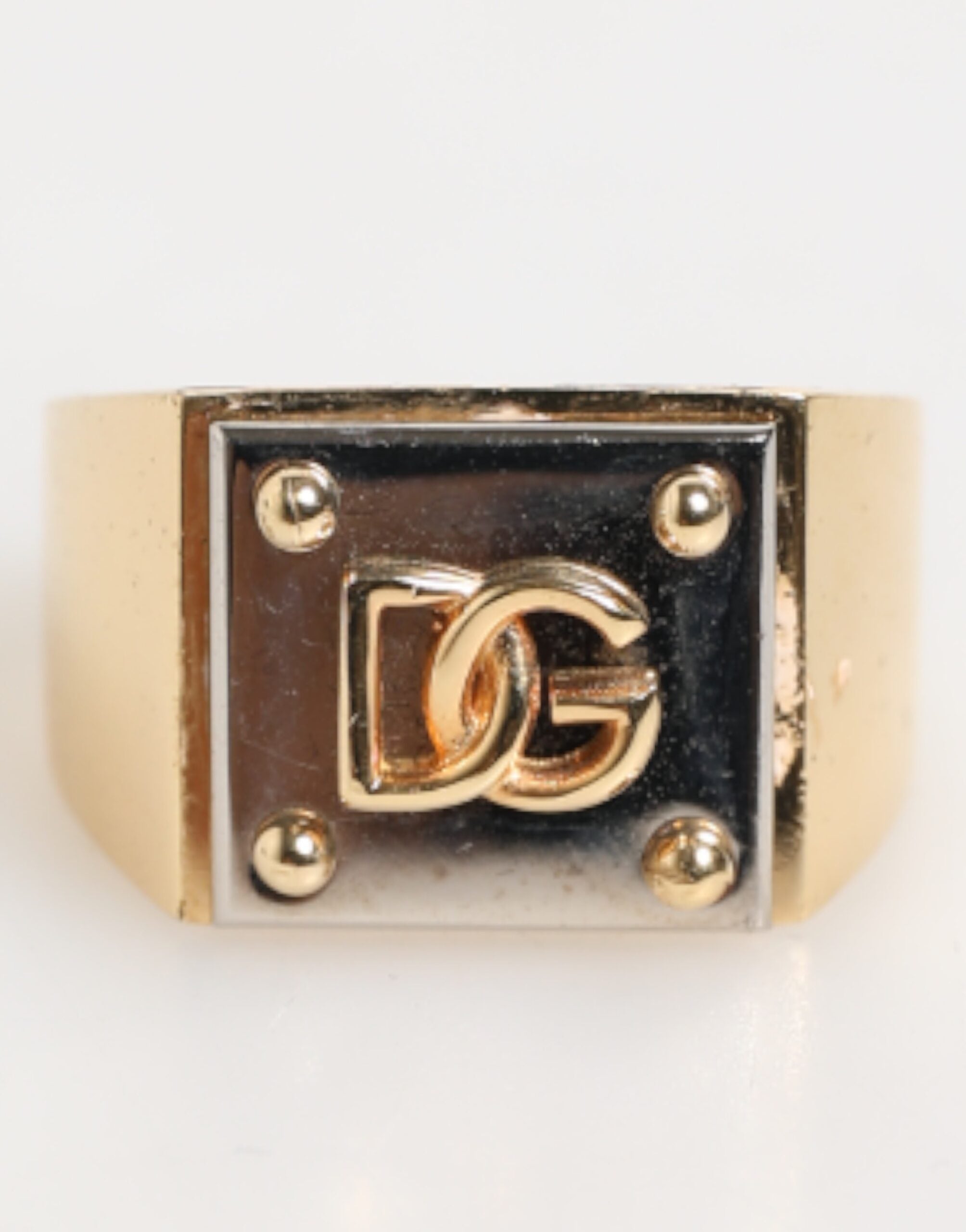 Dolce & Gabbana Gold-Ton Messing Signet Quadrat DG Logo Plaque Männer Ring