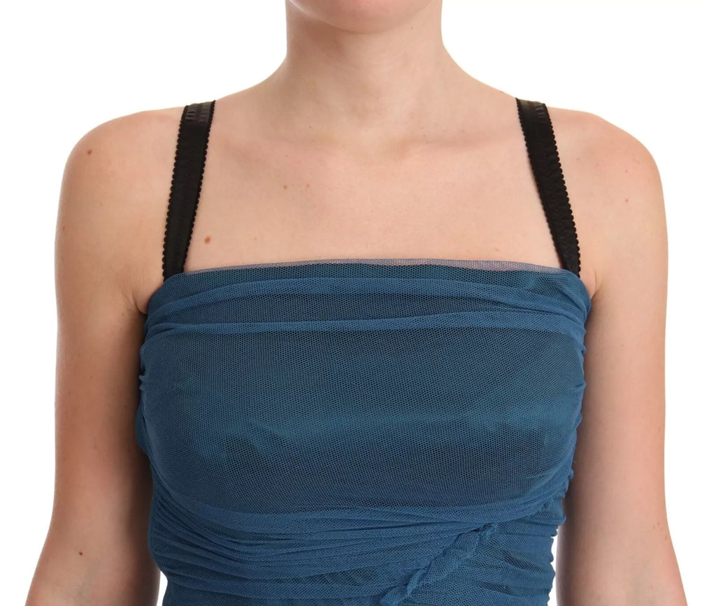 Dolce & Gabbana Blaues Etuikleid aus gerüschtem Tüll mit Maschenbesatz