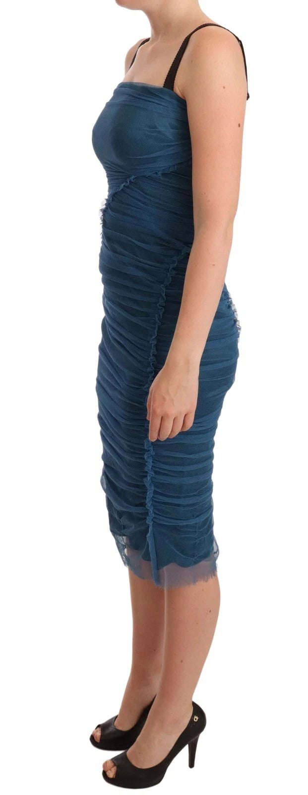 Dolce & Gabbana Blaues Etuikleid aus gerüschtem Tüll mit Maschenbesatz