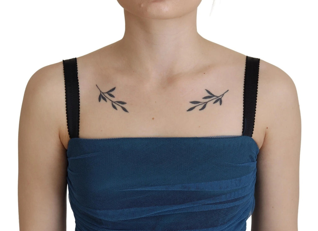 Dolce & Gabbana Blaues Etuikleid aus gerüschtem Tüll mit Maschenbesatz