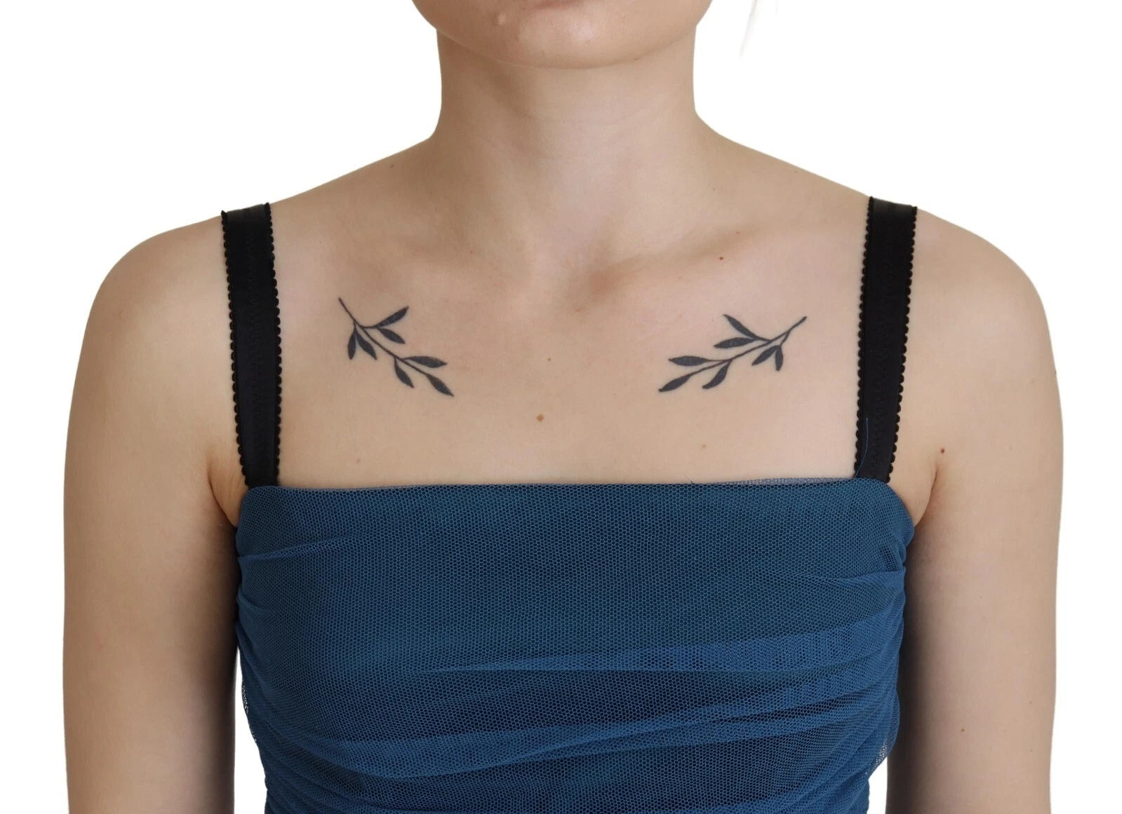 Dolce & Gabbana Blaues Etuikleid aus gerüschtem Tüll mit Maschenbesatz