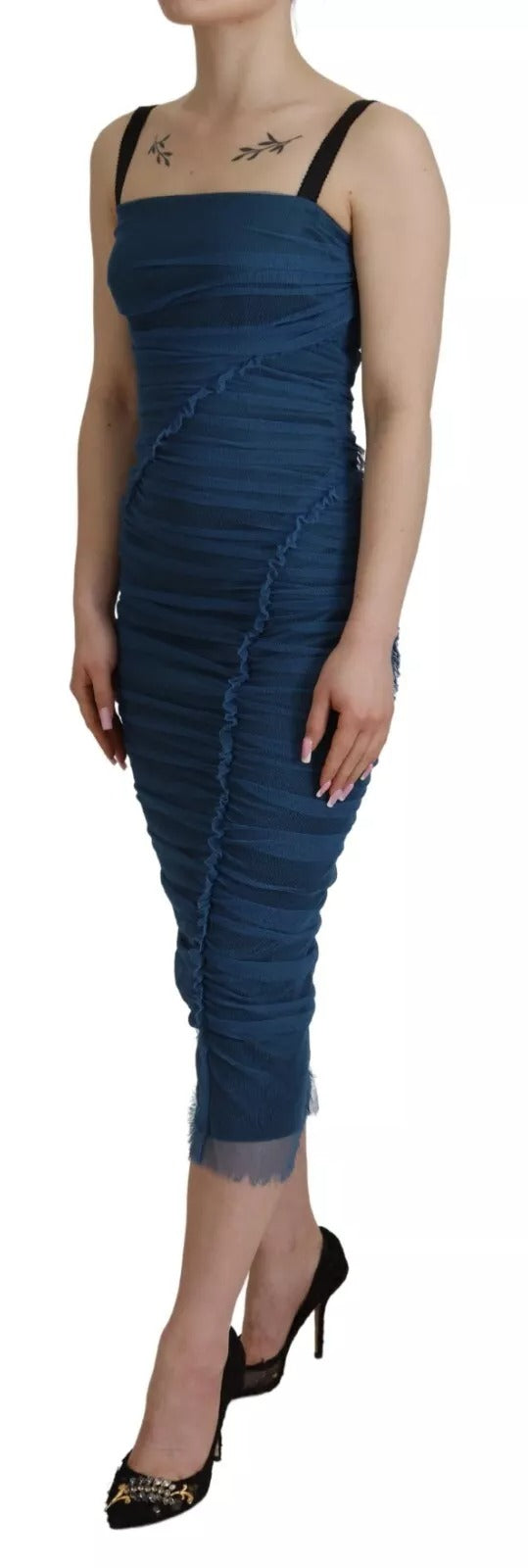 Dolce & Gabbana Blaues Etuikleid aus gerüschtem Tüll mit Maschenbesatz