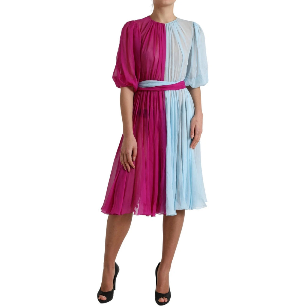 Dolce & Gabbana Hellblaues zweifarbiges Midikleid aus Seide