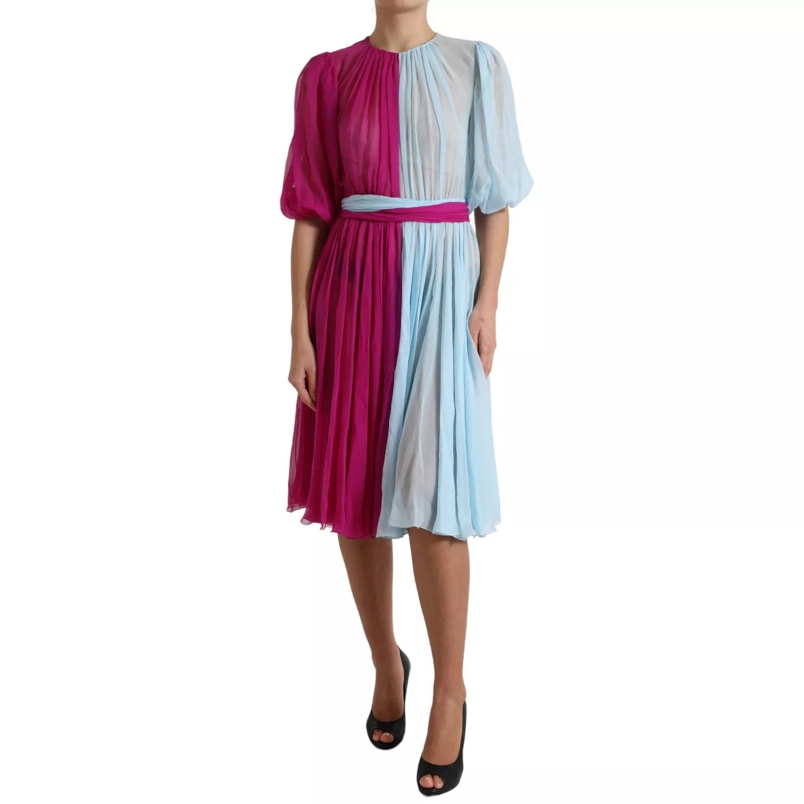 Dolce & Gabbana Hellblaues zweifarbiges Midikleid aus Seide