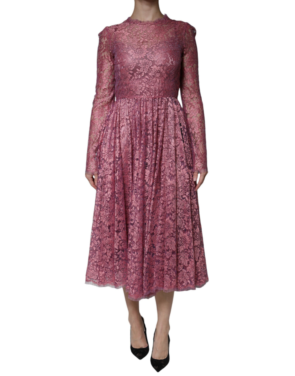 Dolce & Gabbana Rosa geblümtes langärmeliges Midikleid aus Spitze
