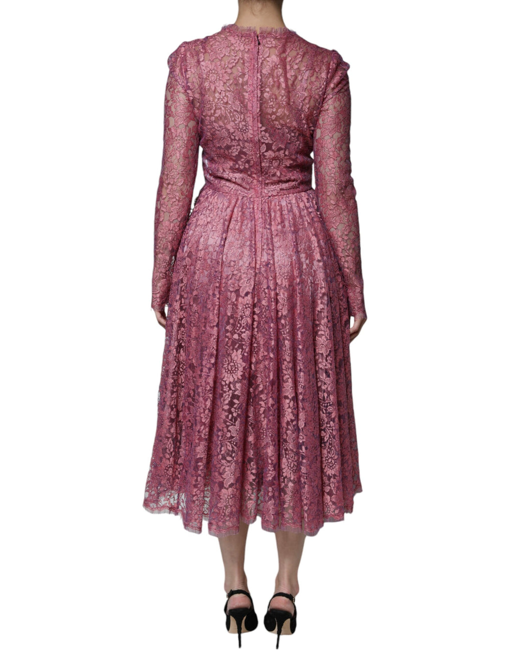 Dolce & Gabbana Rosa geblümtes langärmeliges Midikleid aus Spitze