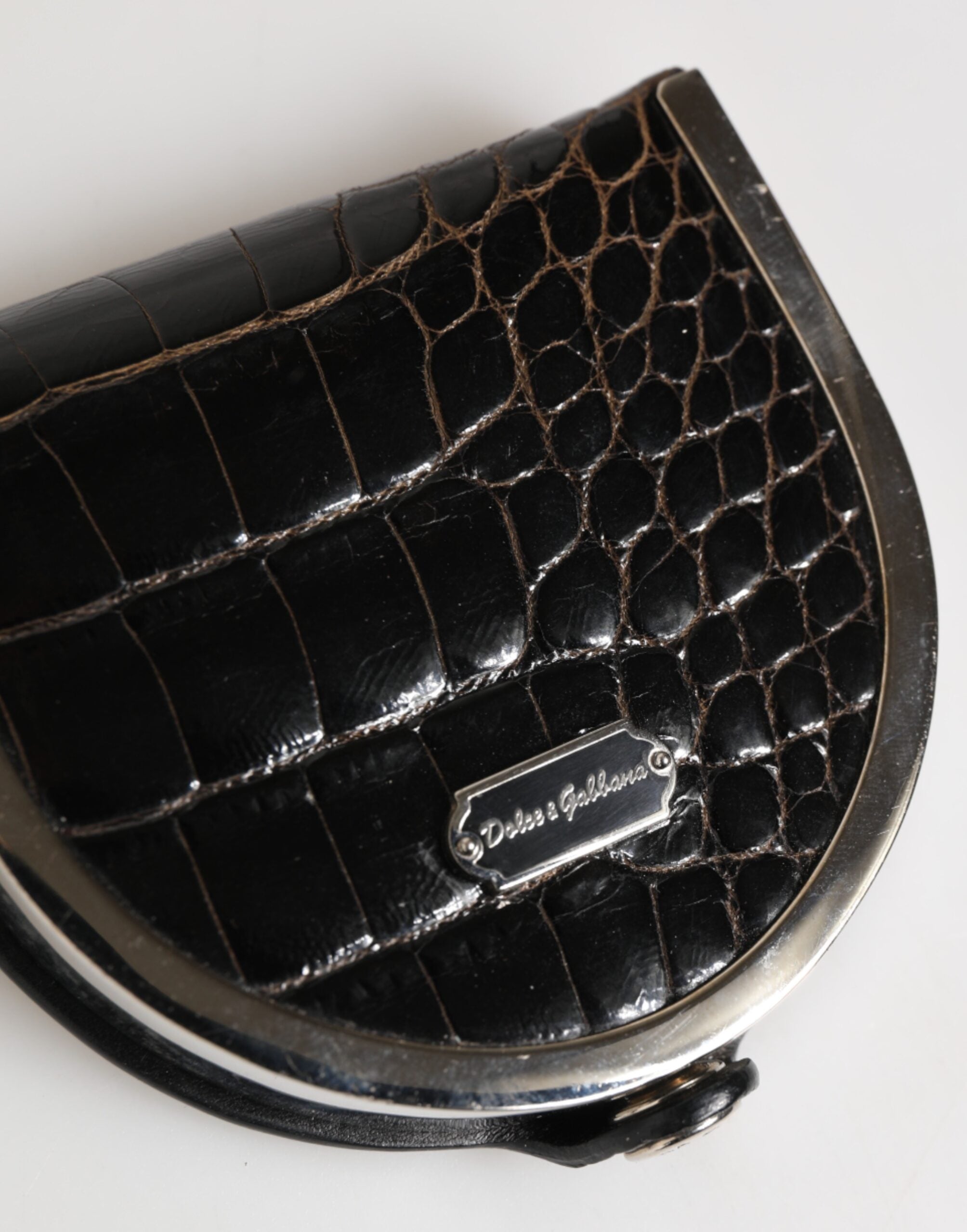 Dolce & Gabbana Schwarzes poliertes Krokodilleder Portemonnaie mit Herrenmünzen