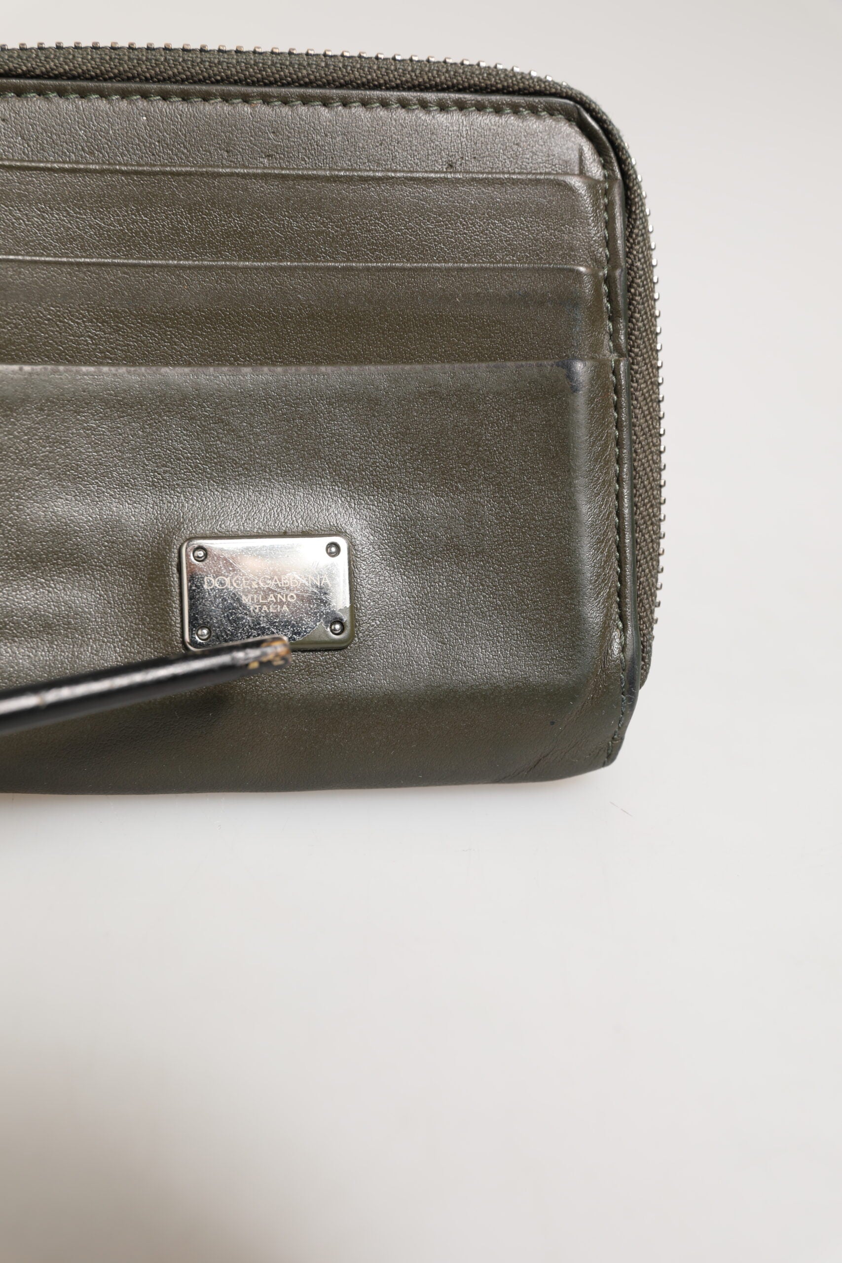 Dolce & Gabbana Military Green Leder Logo Plaque Kartenhalter Münze Geldbörse Brieftasche