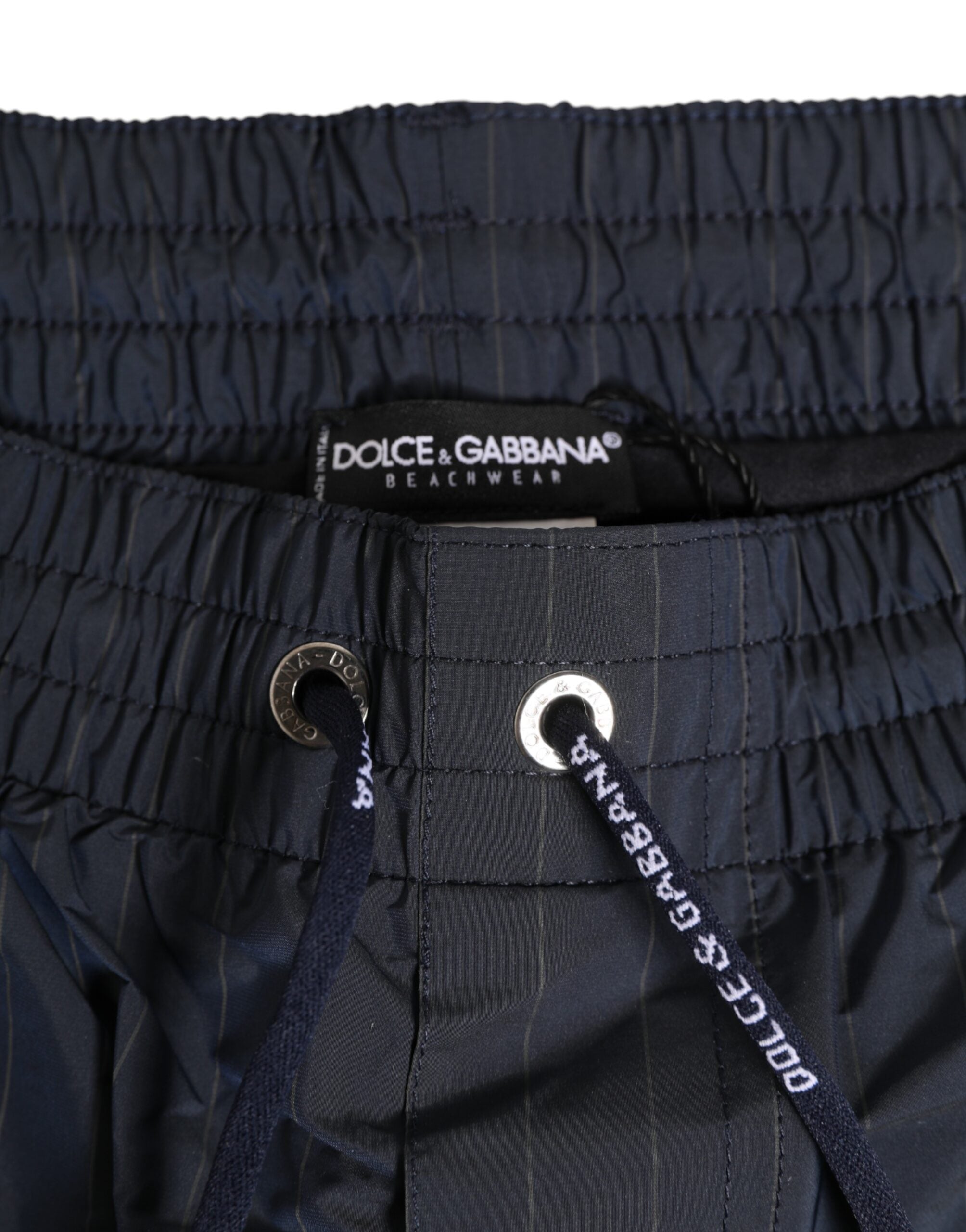 Dolce & Gabbana Marineblaue Polyester-Nylon-Nadelstreifen Herren-Badebekleidung