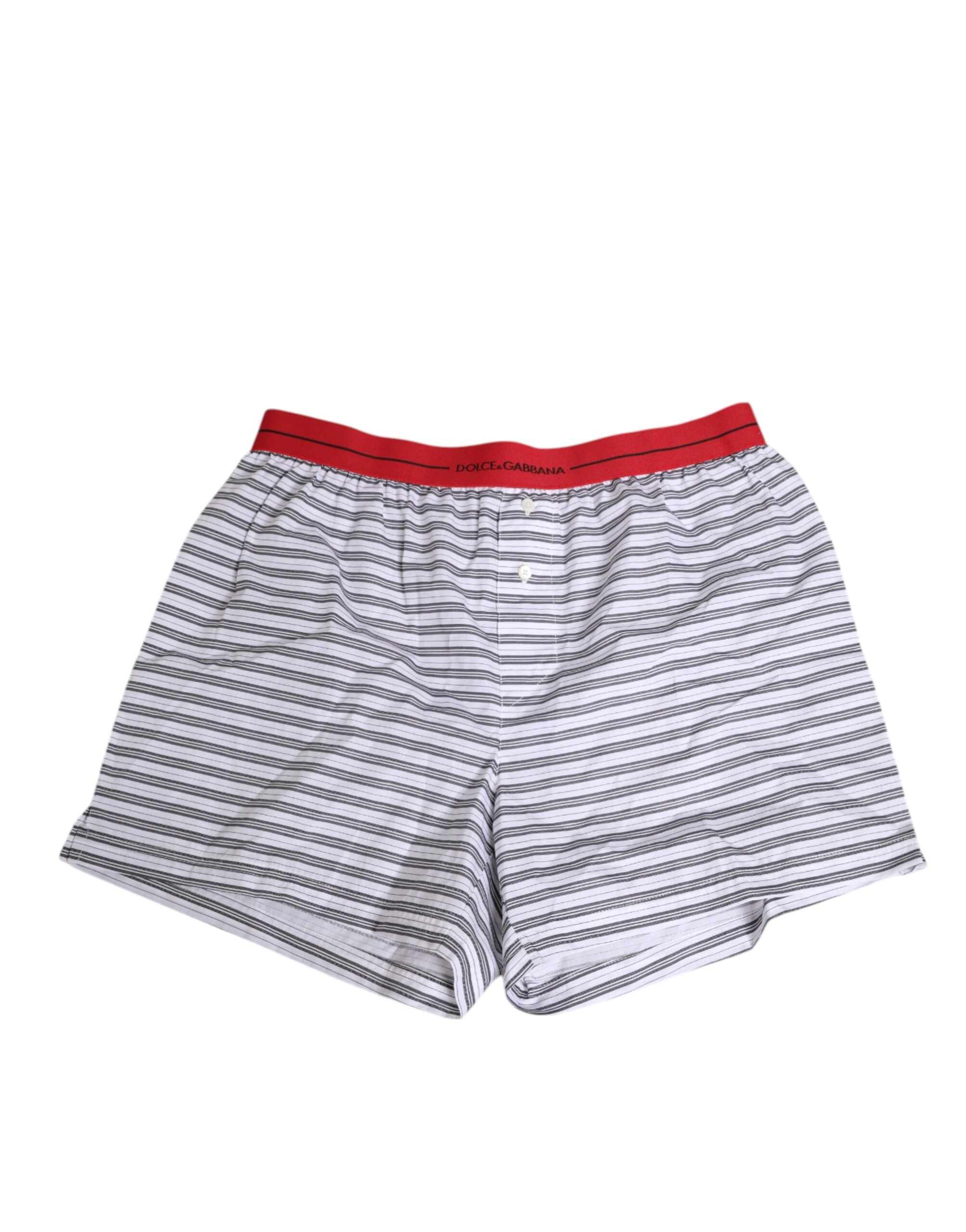 Dolce & Gabbana Weiß gestreifte Baumwollshorts mit rotem Bund Bademode