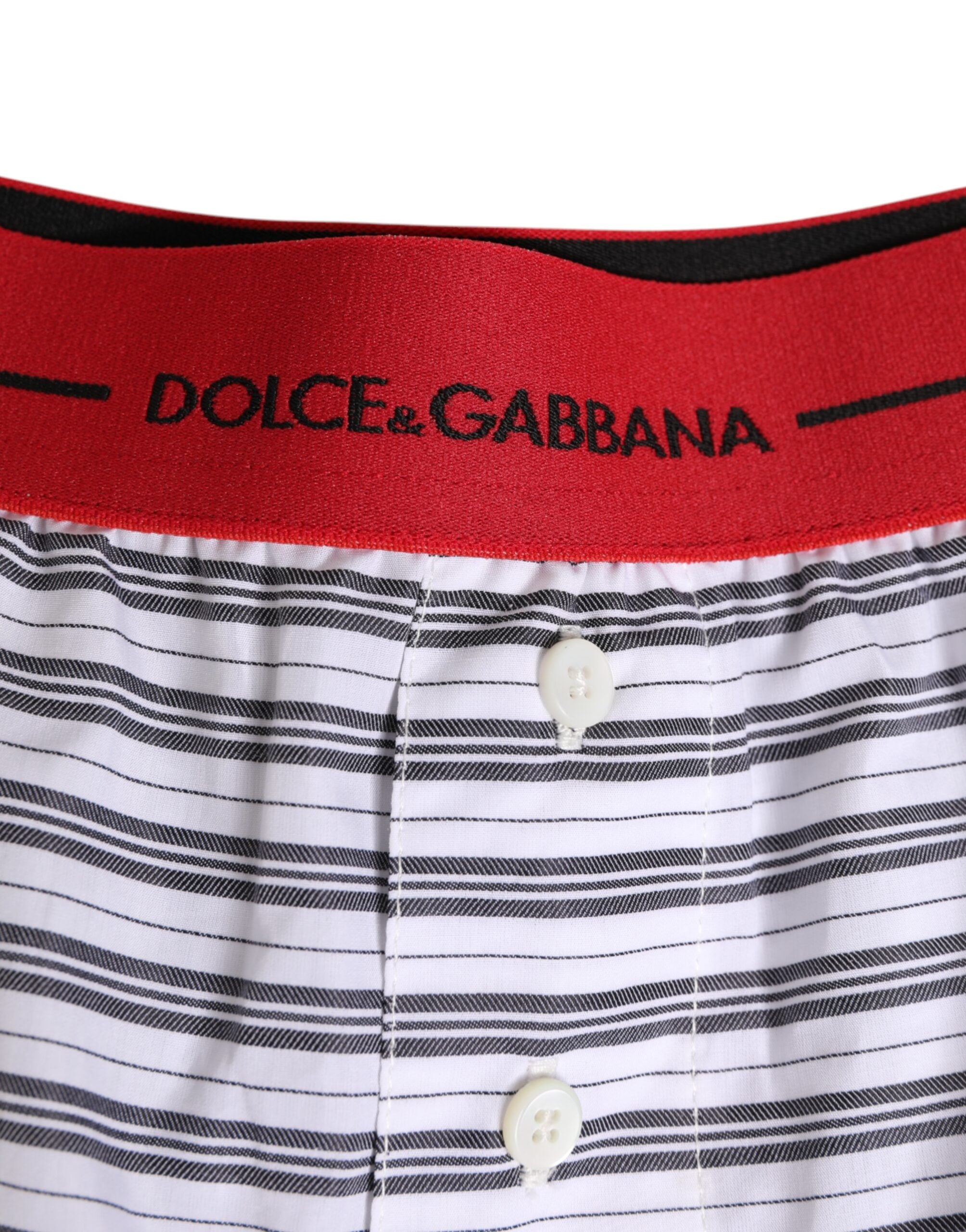 Dolce & Gabbana Weiß gestreifte Baumwollshorts mit rotem Bund Bademode