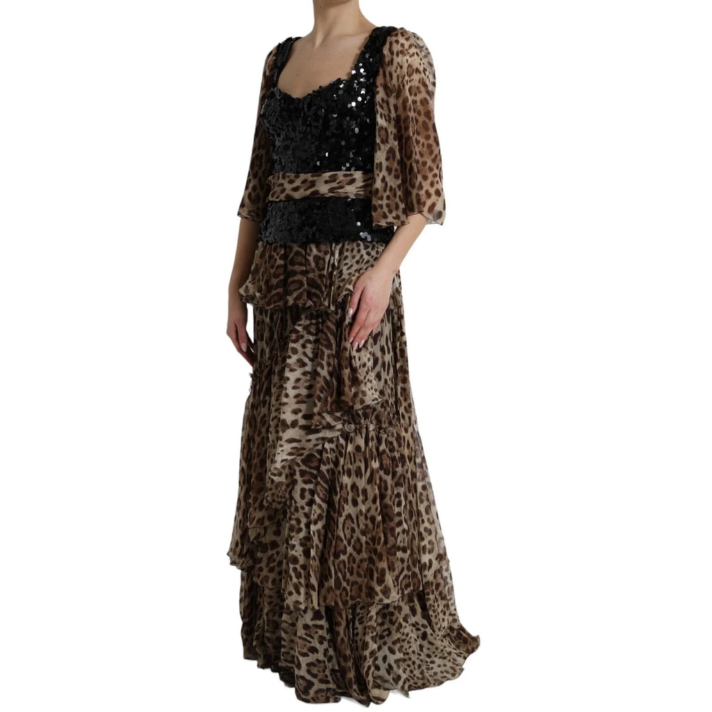 Dolce & Gabbana Leopardenmuster Seidenpailletten-Rüschen-Maxikleid