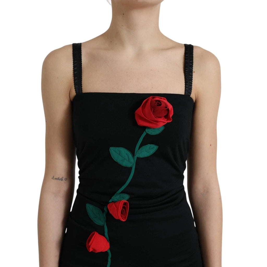 Dolce & Gabbana Schwarzes ärmelloses Kleid mit Rosenapplikationen aus Wolle