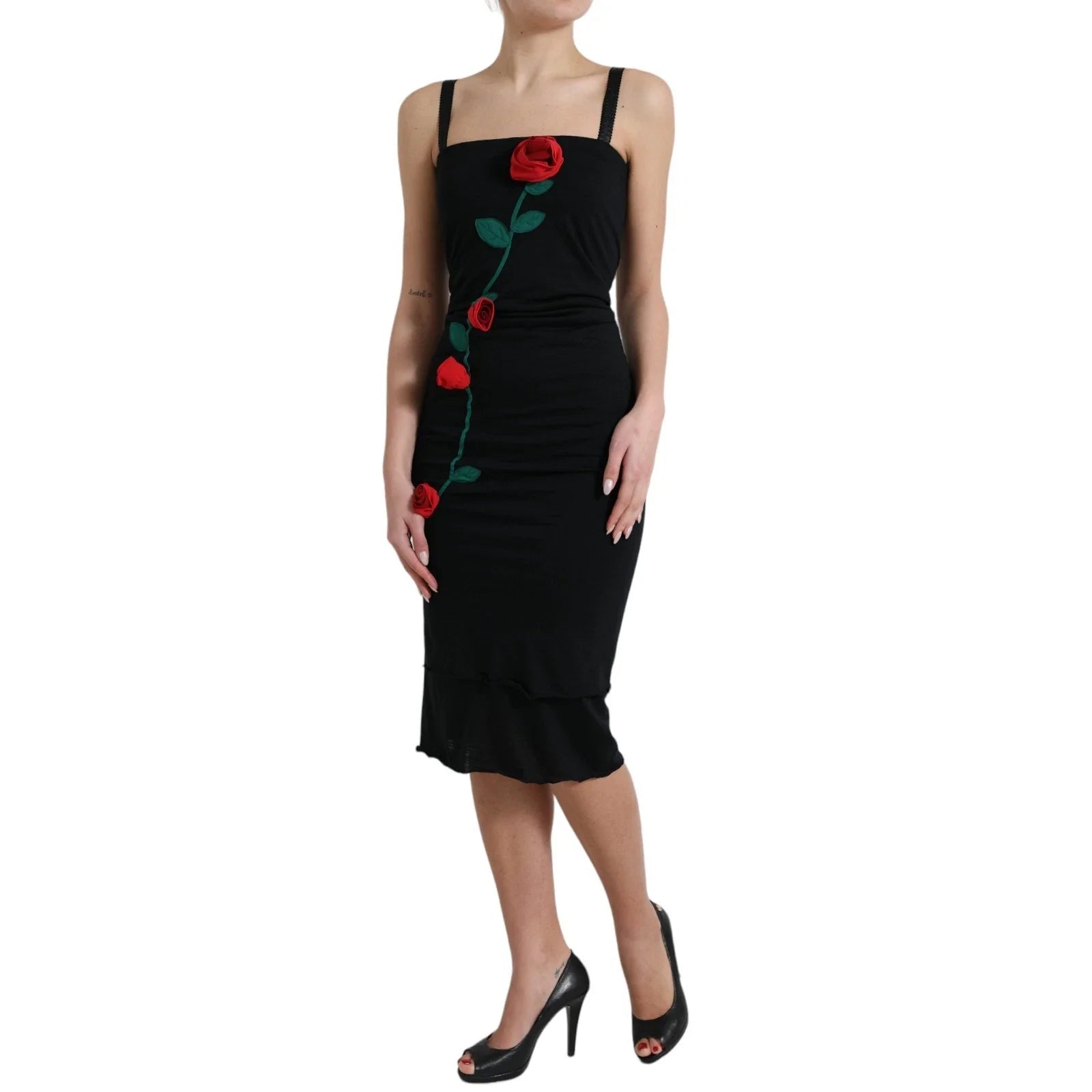 Dolce & Gabbana Schwarzes ärmelloses Kleid mit Rosenapplikationen aus Wolle