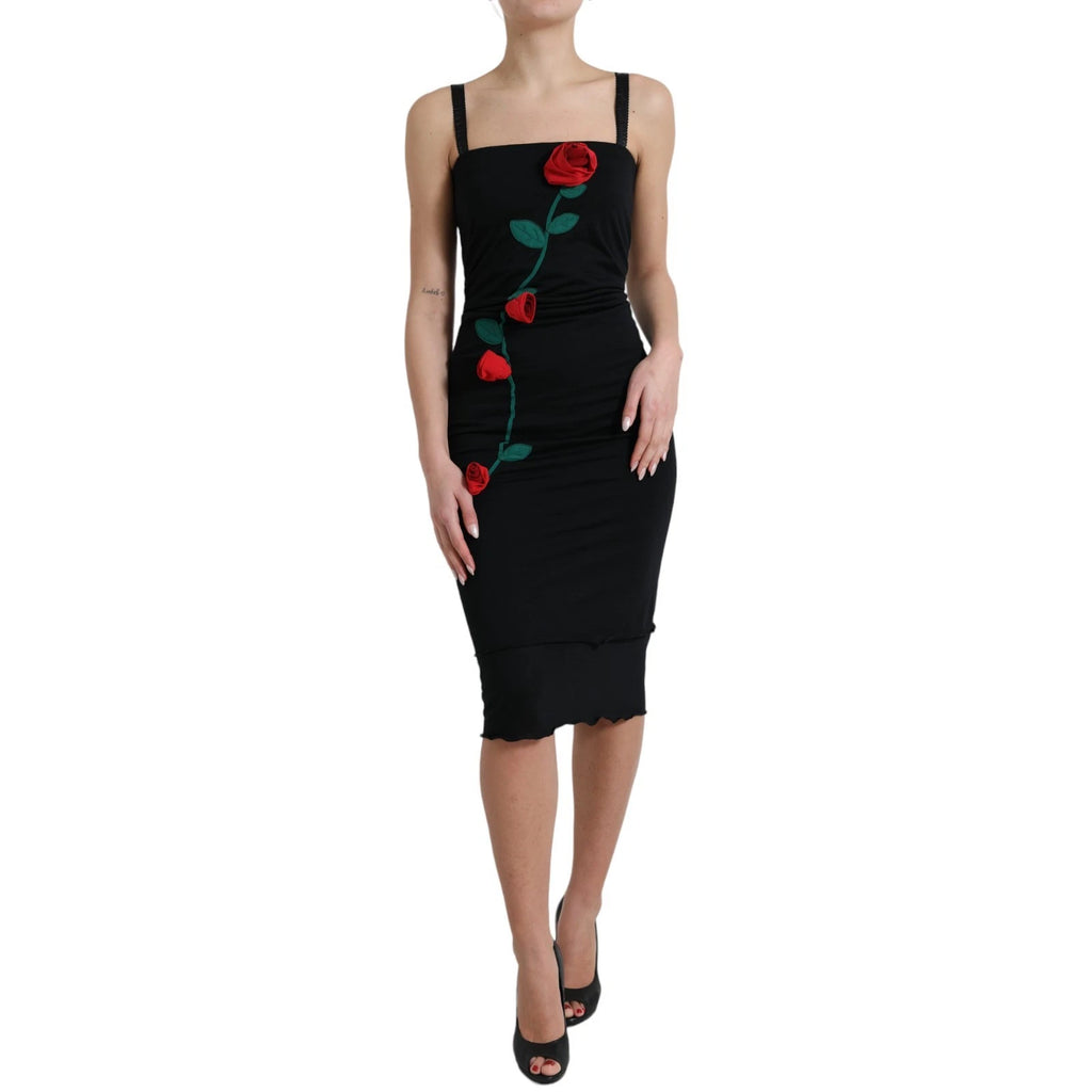 Dolce & Gabbana Schwarzes ärmelloses Kleid mit Rosenapplikationen aus Wolle
